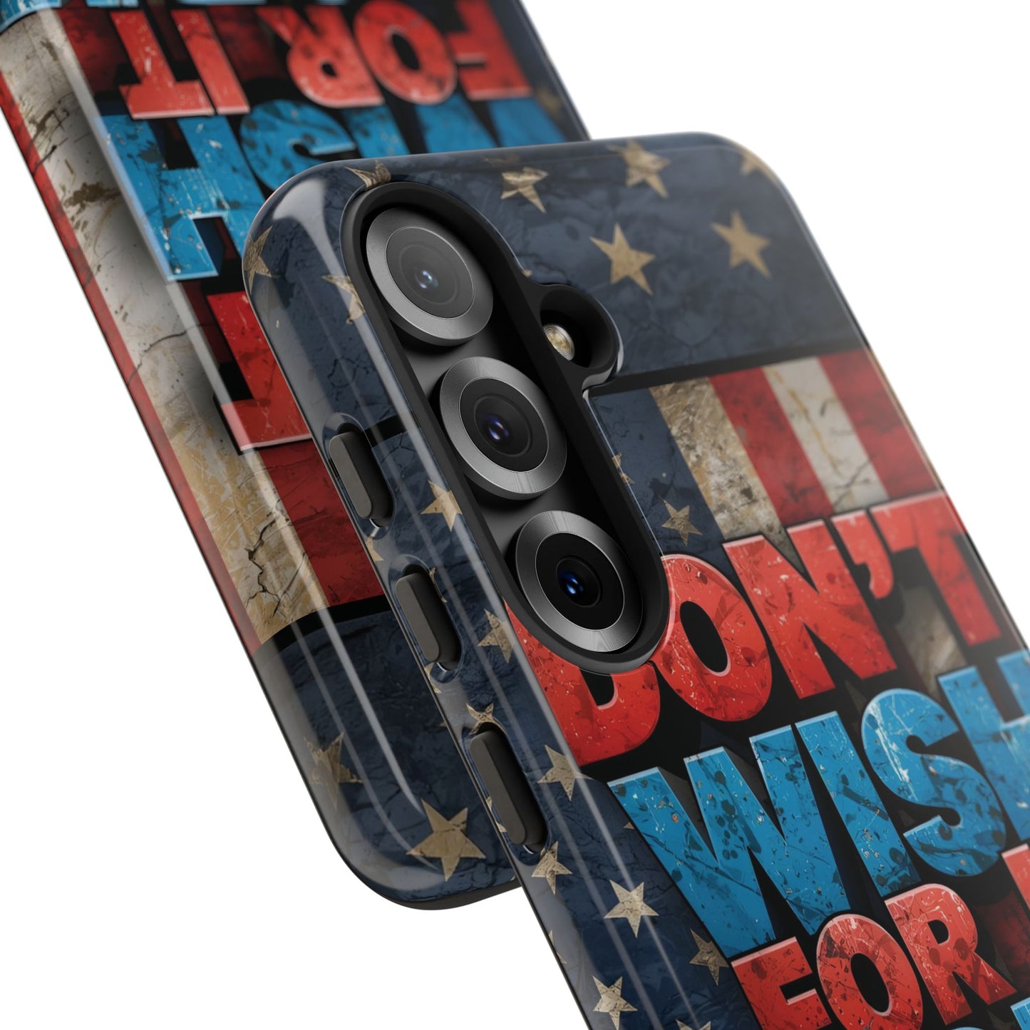 Motivational Phone Case - Don't Wish for It, Work for It | Patriotic Design, Gift for Fitness Lovers, USA Flag, Inspirational Decor