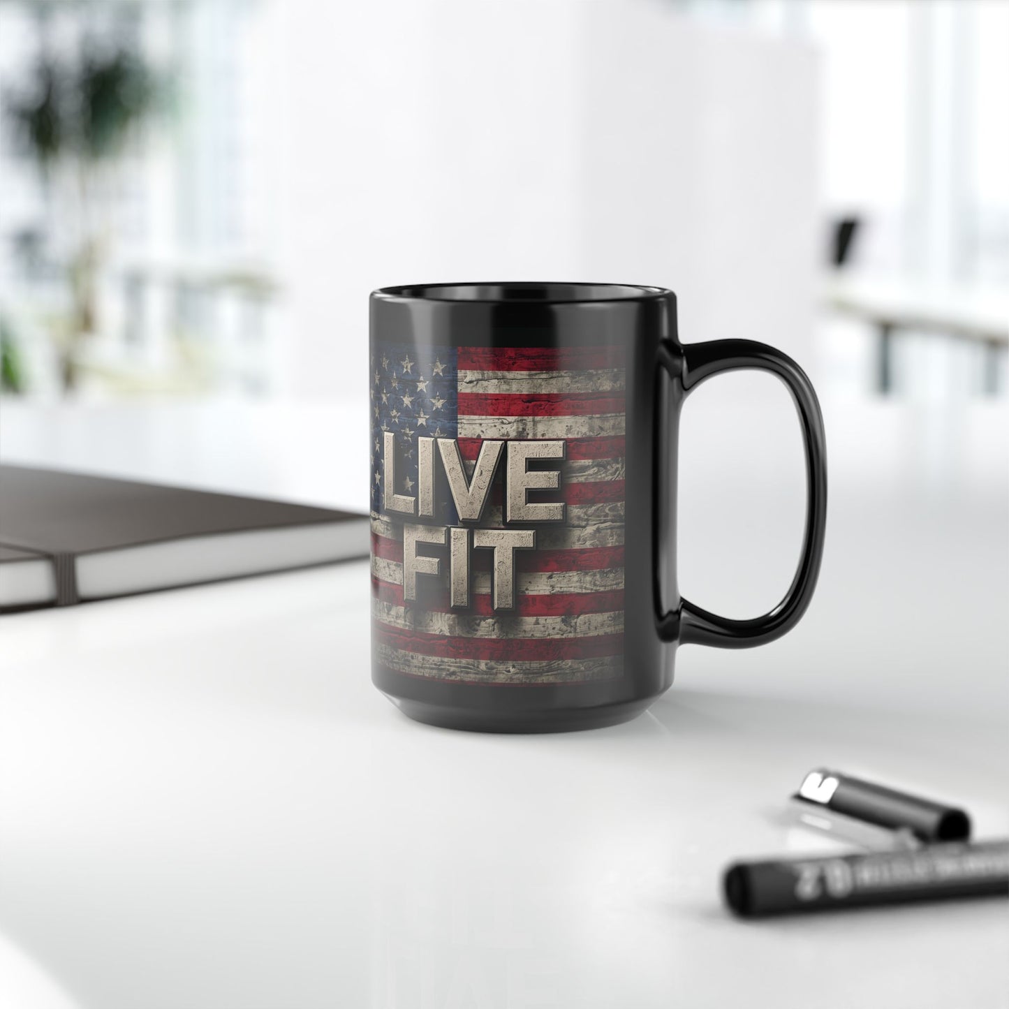 Black Mug - Patriotic Ceramic Coffee Mug - LIVE FIT - Vintage American Flag Backdrop Design - Red White Blue - 11oz or 15oz