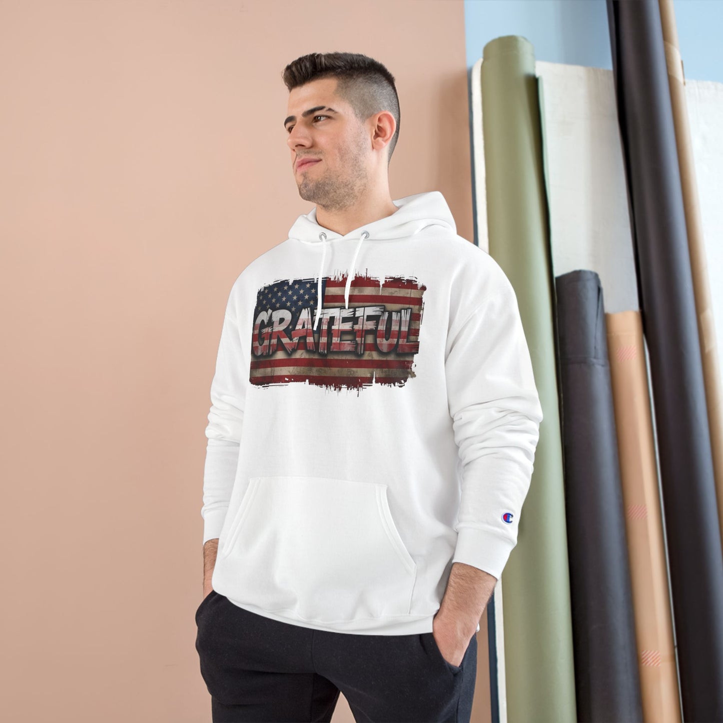 Champion Hoodie - Grateful American Flag - Red White Blue Backdrop