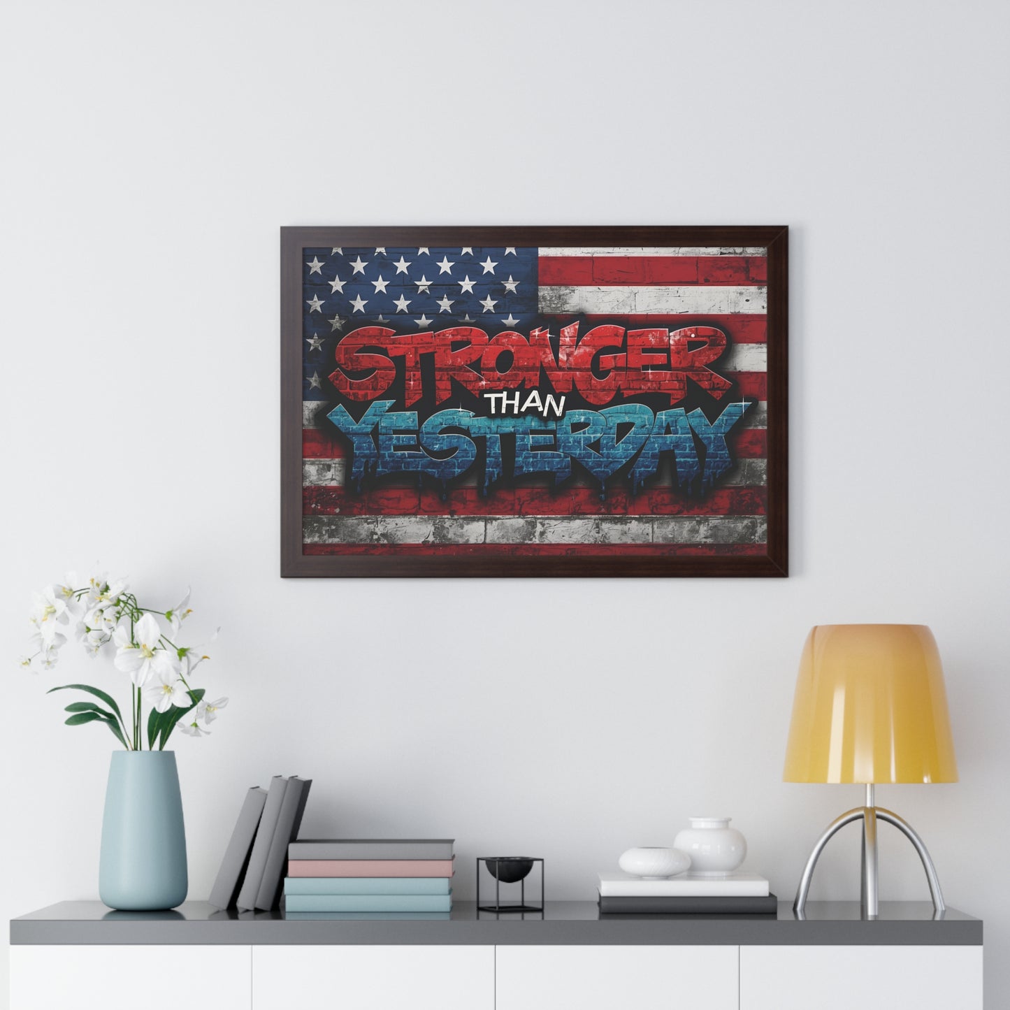 Patriotic Stronger Than Yesterday Red White Blue Wall Art Print, Framed Horizontal Poster, Inspirational Home Decor, Gift for Veterans, Americana Decor, Motivational Art