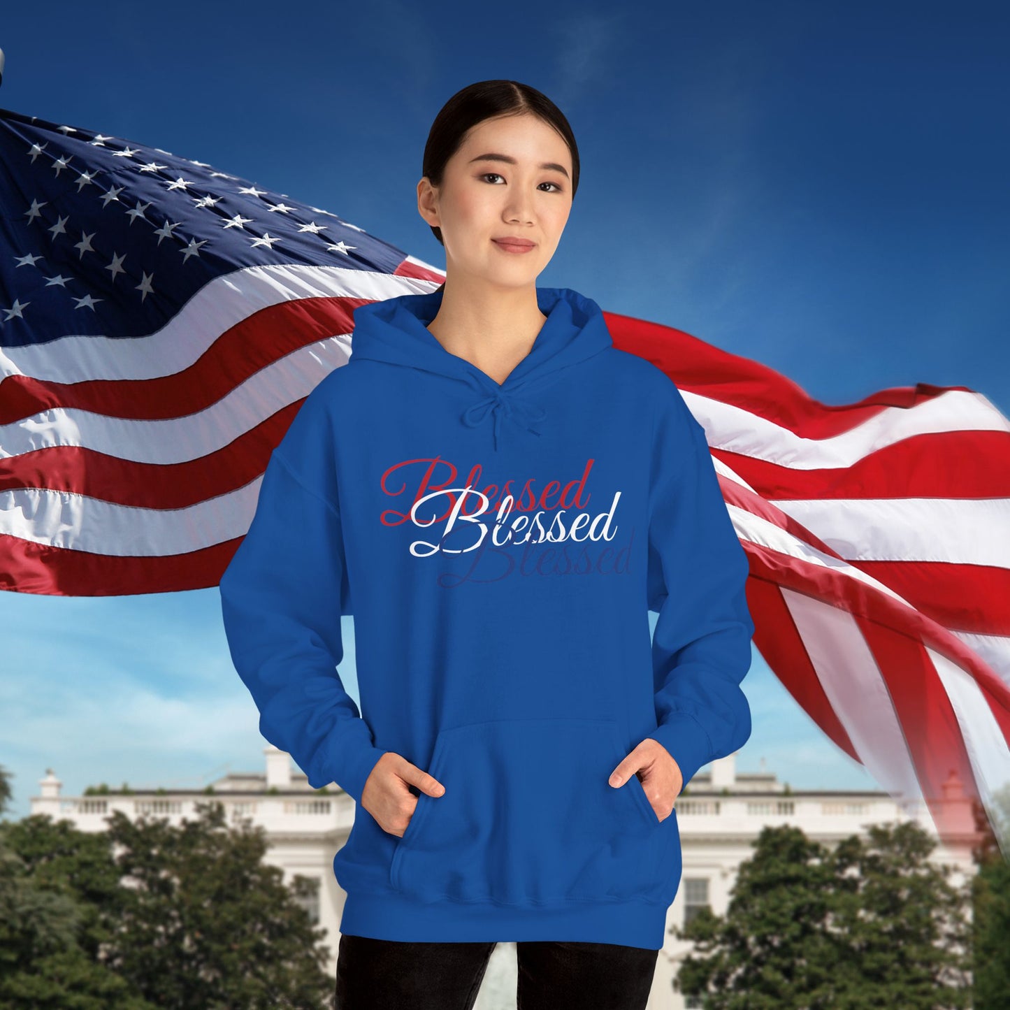 Blessed Hoodie – Patriotic Red, White & Blue Unisex Pullover Sweatshirt with Front & Back Print – Cozy, Positive Vibes Gift