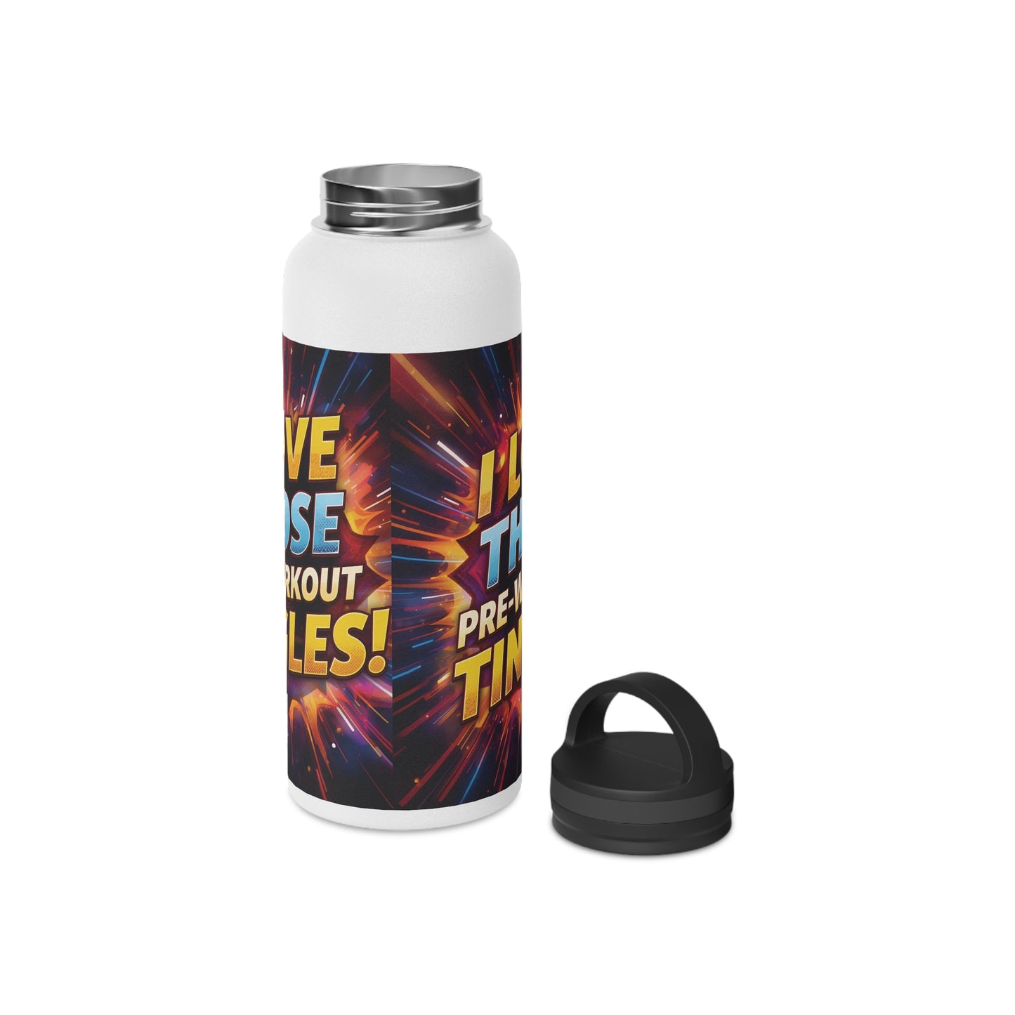 Vibrant Workout Water Bottle - I Love Those Pre-Workout Tingles! - Gym Hydration - Fitness Gift - Stainless Steel Bottle - 12oz - 18oz - 32oz - Easy Carry Handle - Holiday Gift -