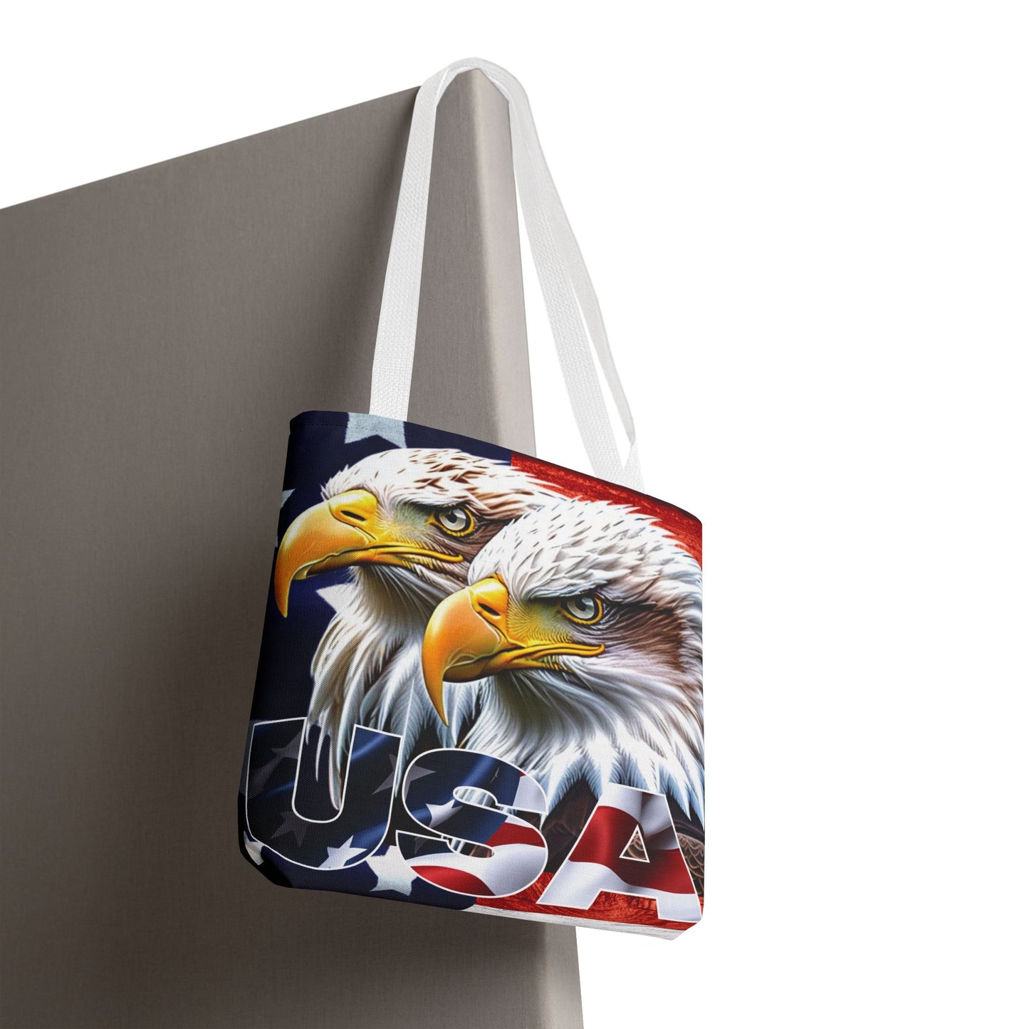 ๐บ๐ธ Patriotic ๐บ๐ธ USA ๐บ๐ธ Bald Eagles ๐บ๐ธ Tote Bag ๐บ๐ธ All Over Print ๐บ๐ธ American Flag Design ๐บ๐ธ Five Different Handle Colors ๐บ๐ธ Red ๐บ๐ธ Navy ๐บ๐ธ Black ๐บ๐ธ Beige ๐บ๐ธ White