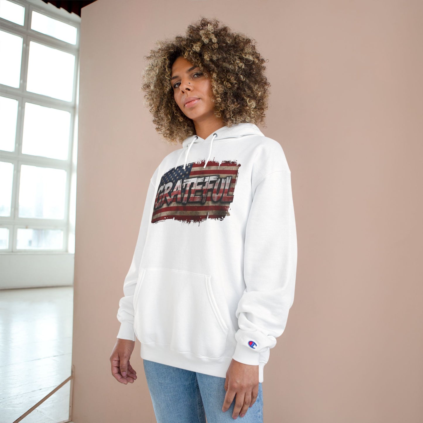 Champion Hoodie - Grateful American Flag - Red White Blue Backdrop