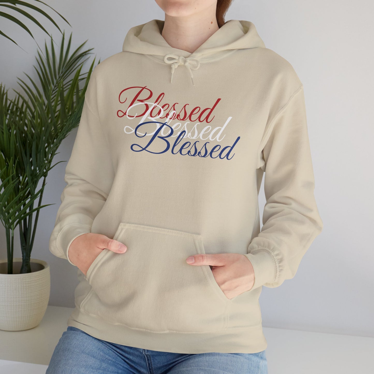 Blessed Hoodie – Patriotic Red, White & Blue Unisex Pullover Sweatshirt with Front & Back Print – Cozy, Positive Vibes Gift