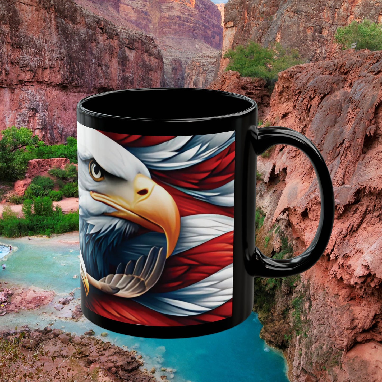 Eye-Catching Patriotic Bald Eagle American Flag Red White & Blue Black Mug 11oz & 15oz Perfect for Celebrations and Gifting