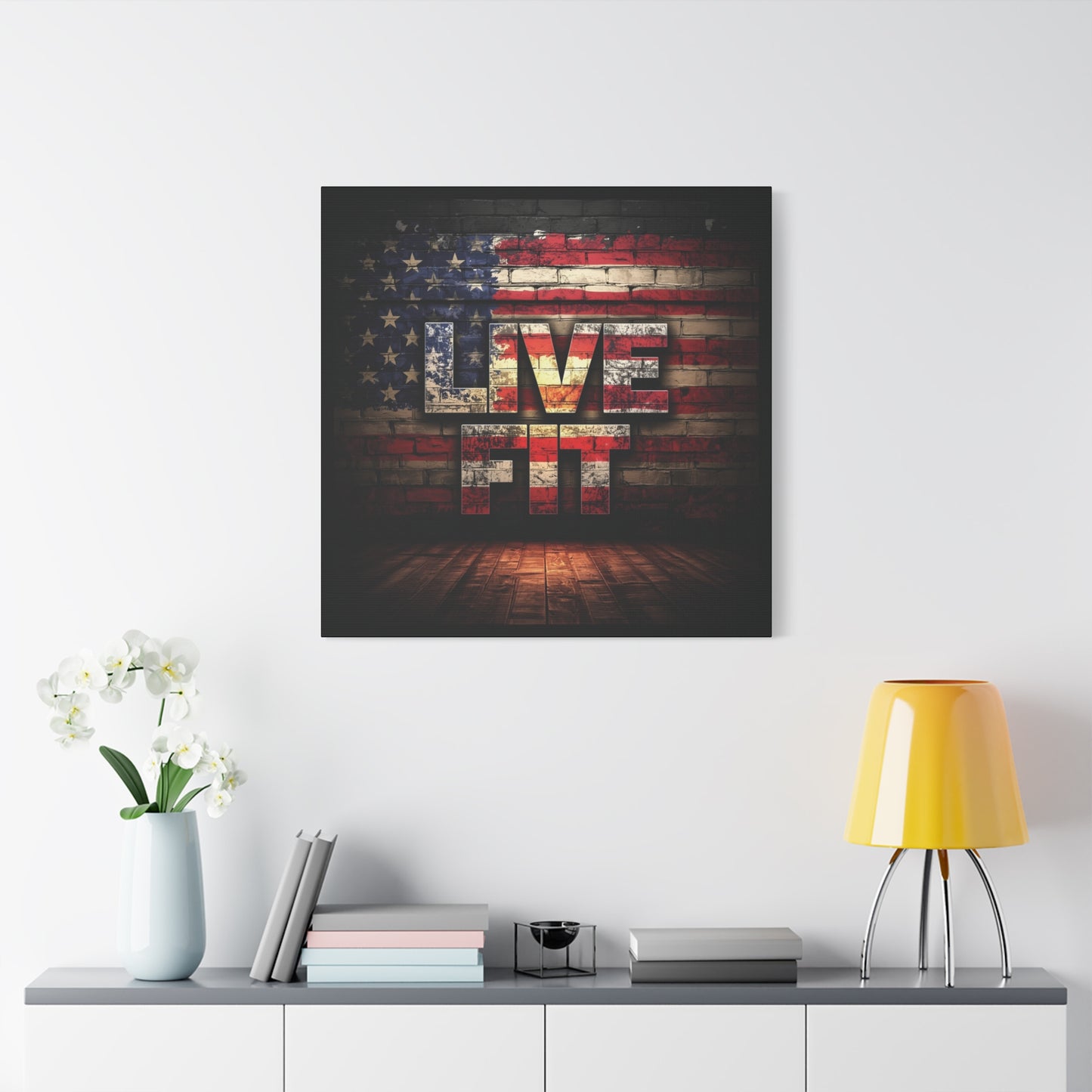 American Pride Canvas Wall Art - Live Fit Decor - Fitness Motivation - Patriotic Gift - USA Flag Artwork - Red White Blue -