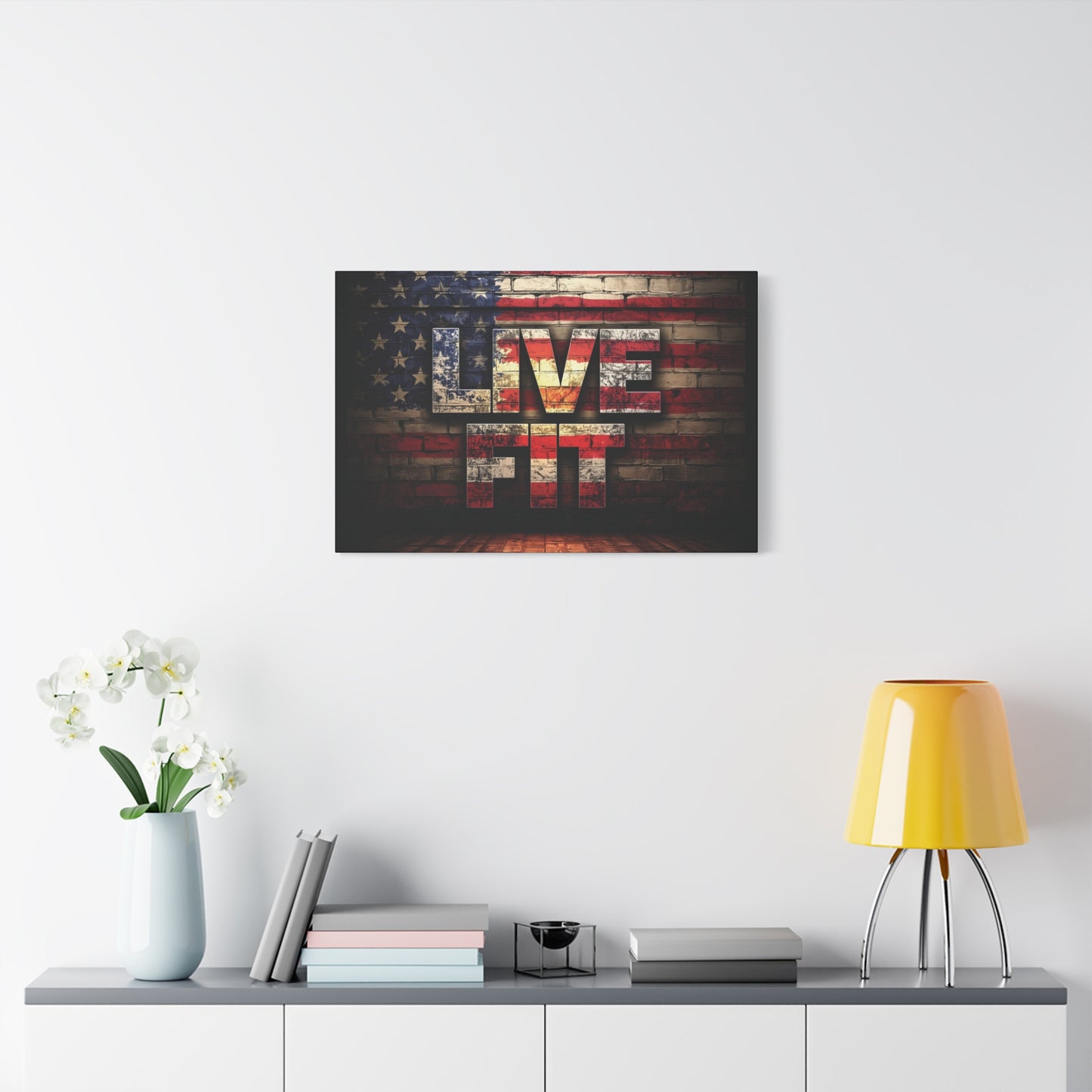 American Pride Canvas Wall Art - Live Fit Decor - Fitness Motivation - Patriotic Gift - USA Flag Artwork - Red White Blue -