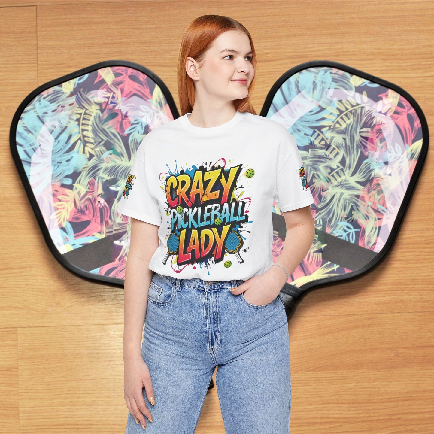 Eye-Catching Crazy Pickleball Lady T-Shirt - Fun Graphic Tee for Pickleball Enthusiasts Sizes XS-5XL