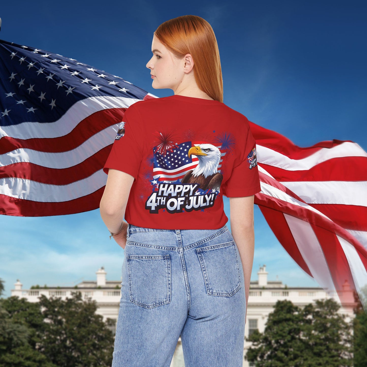 Happy 4th of July, Print Design, Unisex T-Shirt, Patriotic Print Design, Independence Day Shirt, Red White Blue Shirt, USA Tee Gift, Gift For Her, Gift For Him, American Flag, Bald Eagle