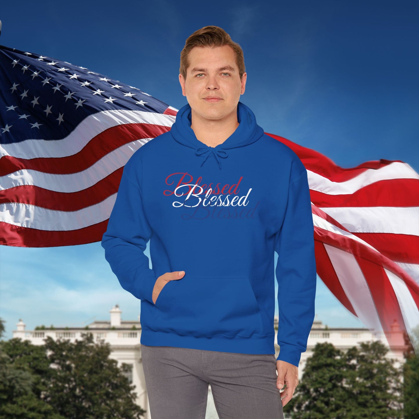 Blessed Hoodie – Patriotic Red, White & Blue Unisex Pullover Sweatshirt with Front & Back Print – Cozy, Positive Vibes Gift