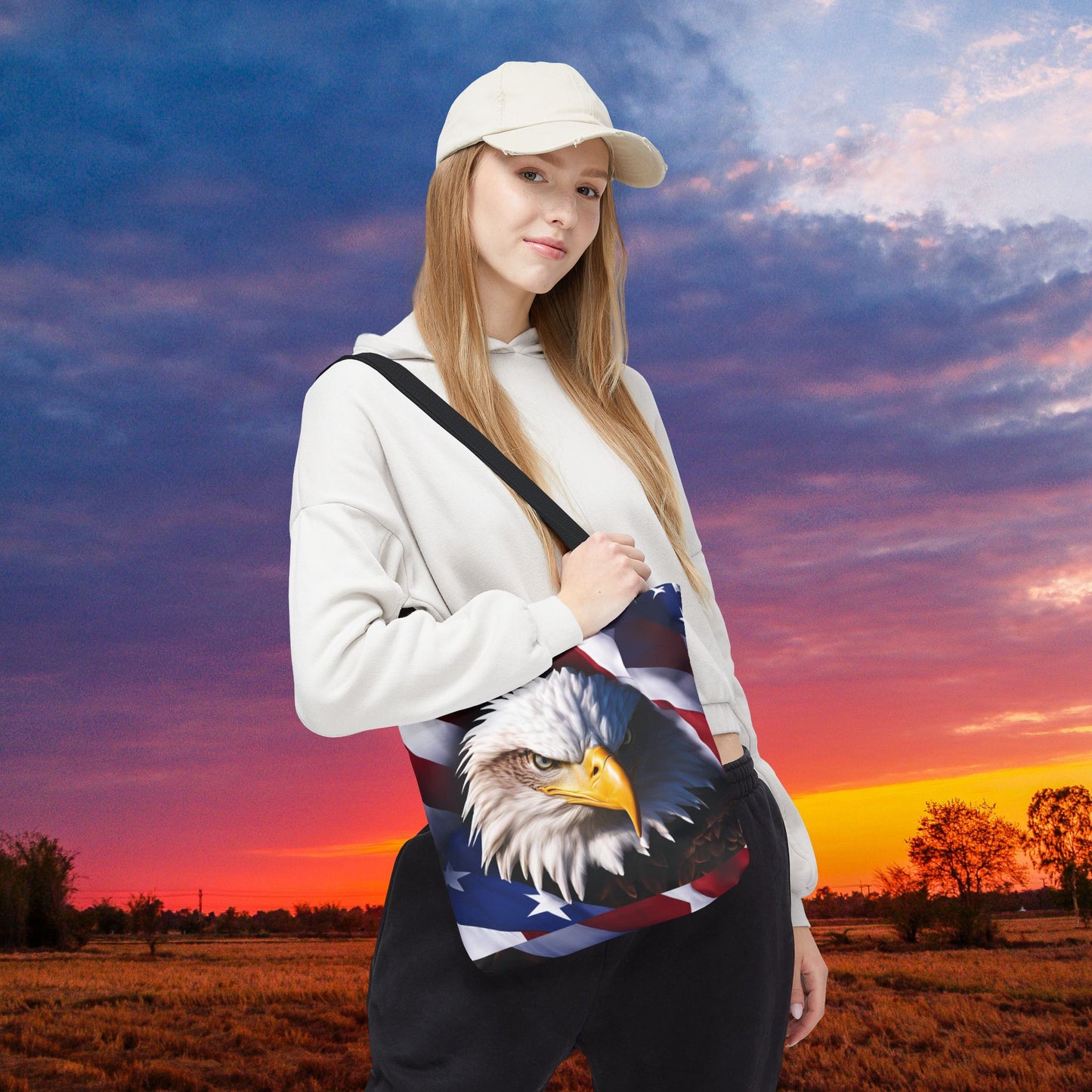 Patriotic Stylish American Flag Bald Eagle Red White & Blue All Over Print Tote Bag