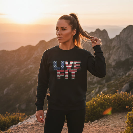 Patriotic Fitness Sweatshirt - American Flag LIVE FIT Design - Red White Blue Crewneck - Unisex S-3XL