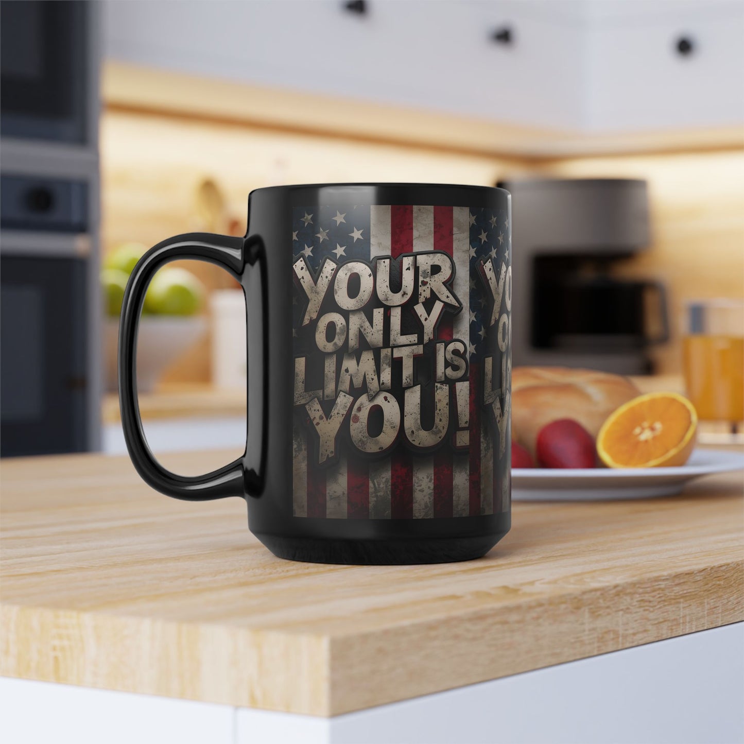 Sleek Ceramic Black Mug Inspirational Motivation American Flag Your Only Limit Is You! Design - 11oz - 15oz