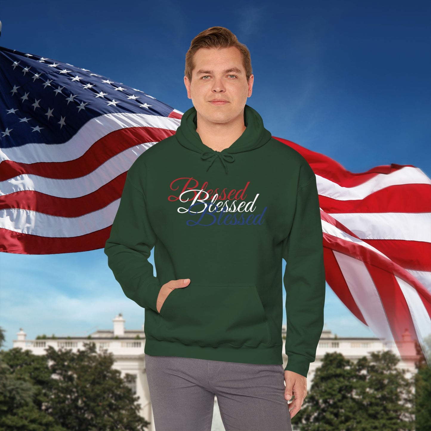 Blessed Hoodie – Patriotic Red, White & Blue Unisex Pullover Sweatshirt with Front & Back Print – Cozy, Positive Vibes Gift