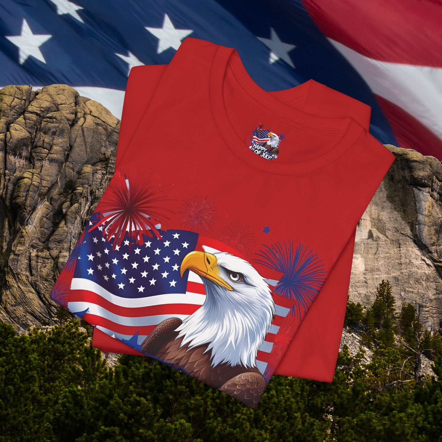 Happy 4th of July, Print Design, Unisex T-Shirt, Patriotic Print Design, Independence Day Shirt, Red White Blue Shirt, USA Tee Gift, Gift For Her, Gift For Him, American Flag, Bald Eagle