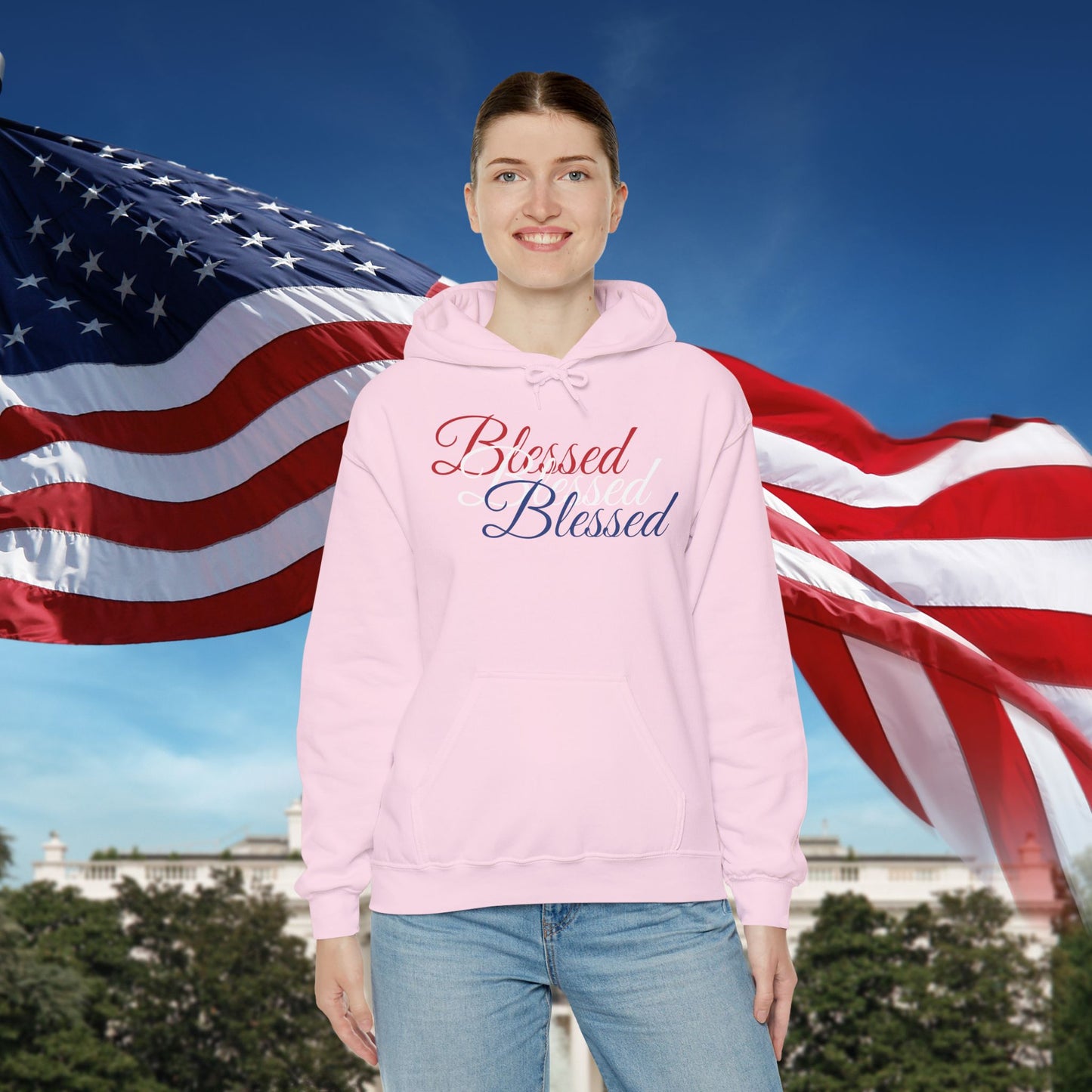Blessed Hoodie – Patriotic Red, White & Blue Unisex Pullover Sweatshirt with Front & Back Print – Cozy, Positive Vibes Gift