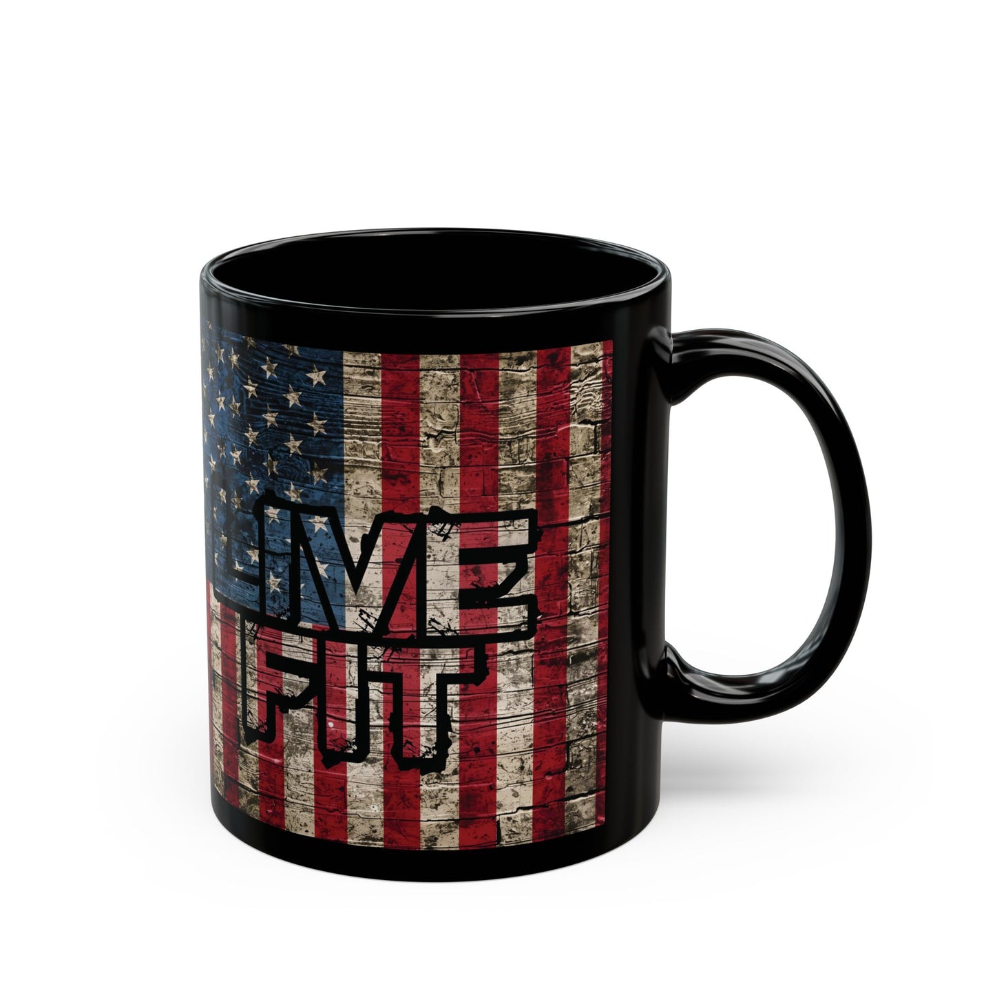 Sleek - Ceramic Black Mug - LIVE FIT - Vintage American Flag Backdrop Design - Gift for Patriots and Coffee Lovers - 11oz - 15oz -