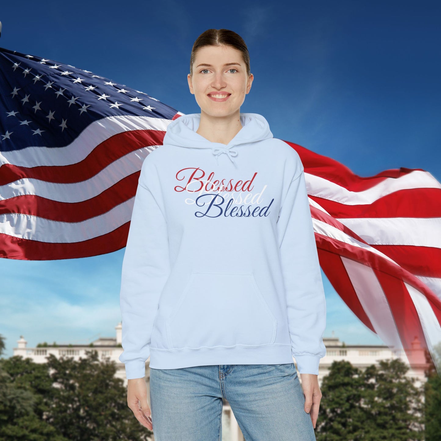 Blessed Hoodie – Patriotic Red, White & Blue Unisex Pullover Sweatshirt with Front & Back Print – Cozy, Positive Vibes Gift