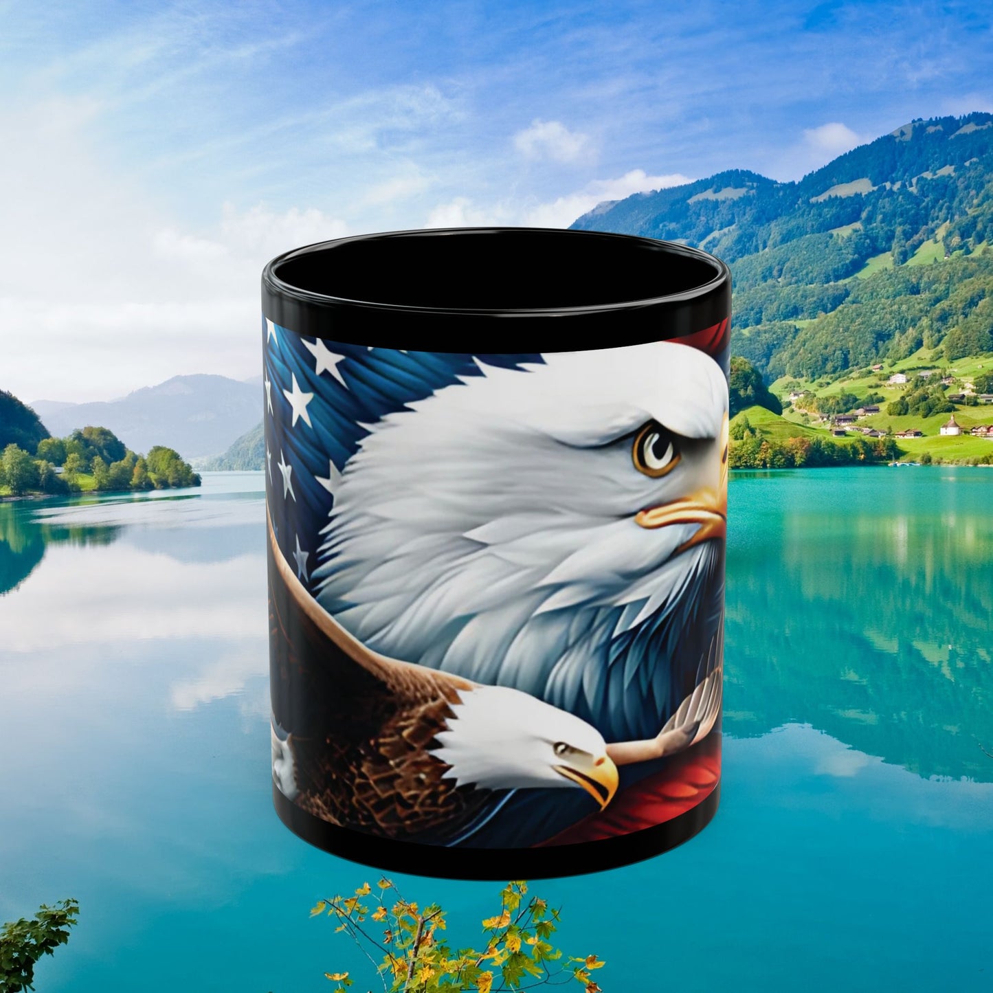 Eye-Catching Patriotic Bald Eagle American Flag Red White & Blue Black Mug 11oz & 15oz Perfect for Celebrations and Gifting