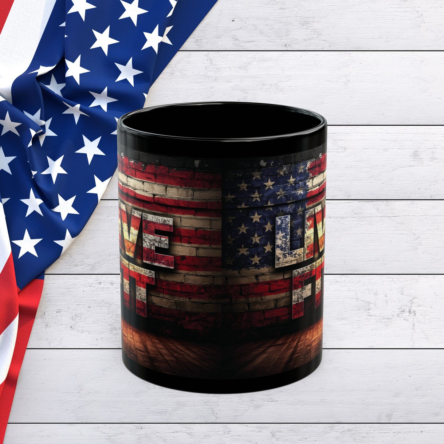 Patriotic Coffee Mug - LIVE FIT Black Ceramic Mug - USA Flag Backdrop Design - Gift for Fitness Enthusiasts - Independence Day - Home Office Decor - 11oz - 15oz -