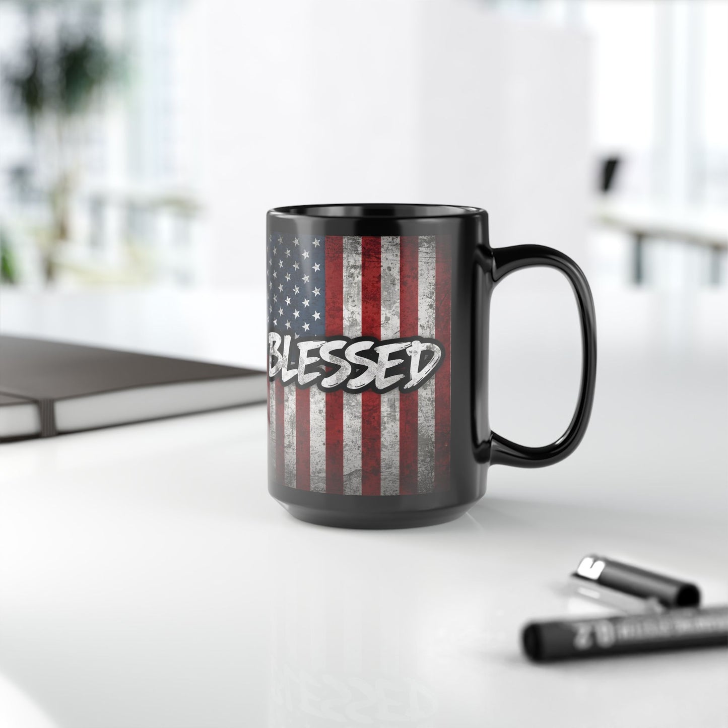 Sleek Ceramic Black Mug Blessed - American Flag - Patriotic Coffee Lover Gift - Home Decor - 11oz - 15oz
