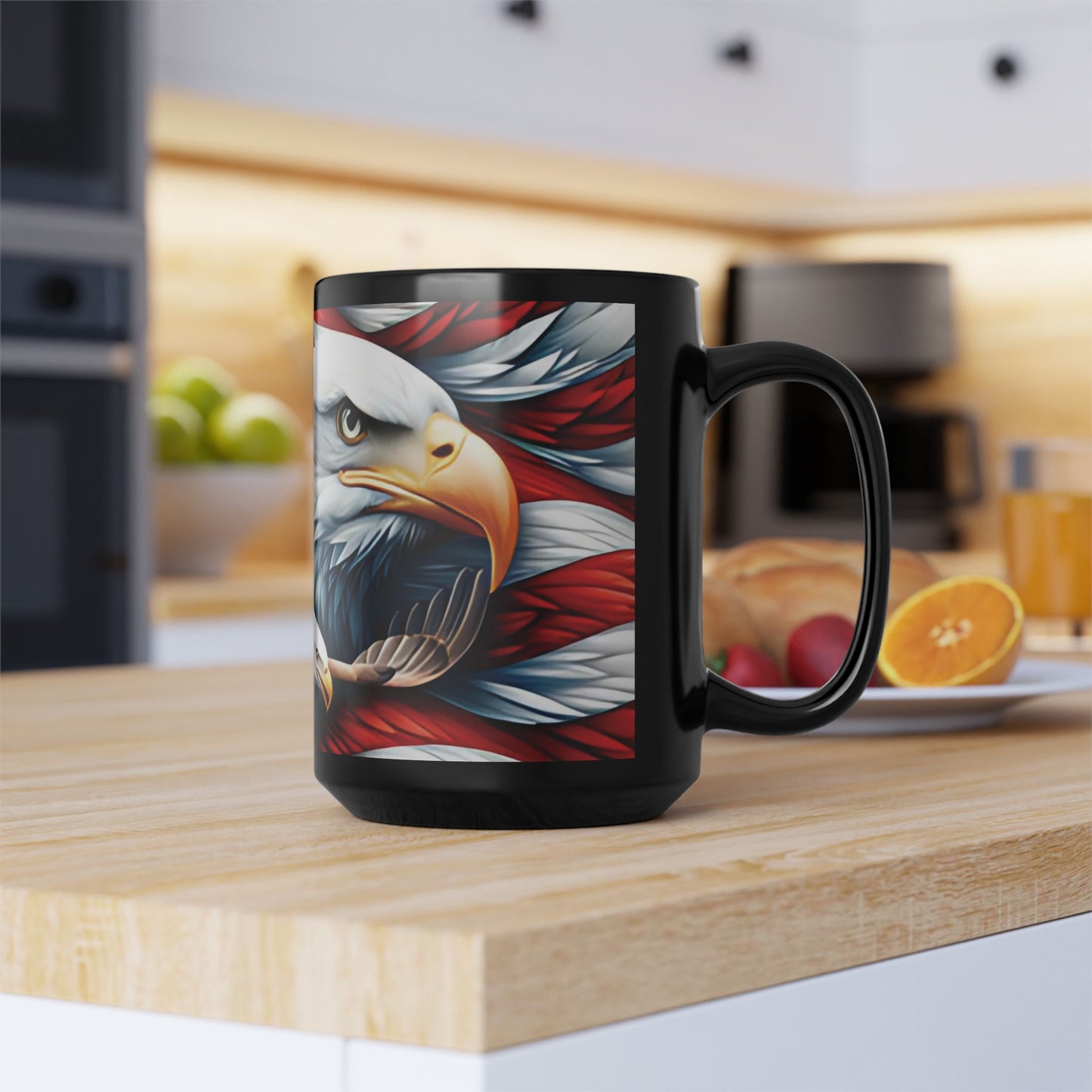 Eye-Catching Patriotic Bald Eagle American Flag Red White & Blue Black Mug 11oz & 15oz Perfect for Celebrations and Gifting