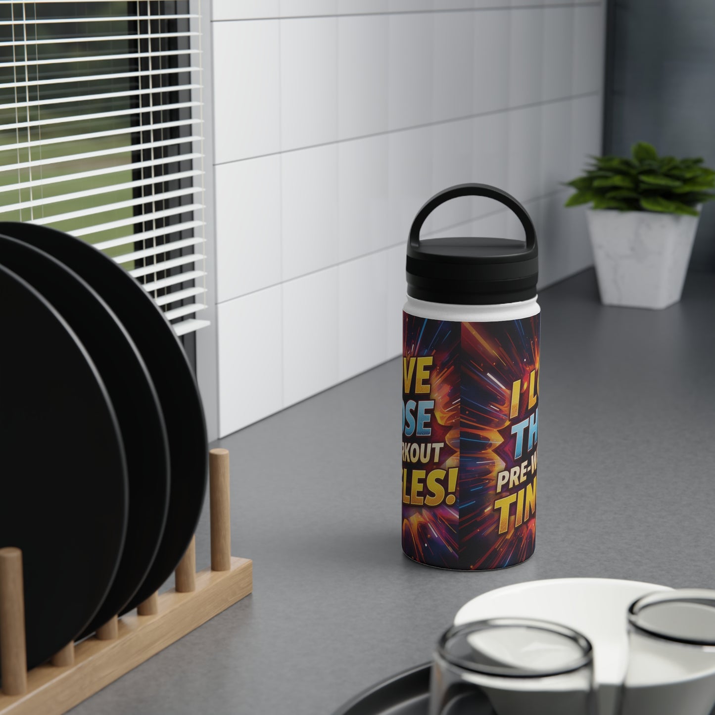 Vibrant Workout Water Bottle - I Love Those Pre-Workout Tingles! - Gym Hydration - Fitness Gift - Stainless Steel Bottle - 12oz - 18oz - 32oz - Easy Carry Handle - Holiday Gift -