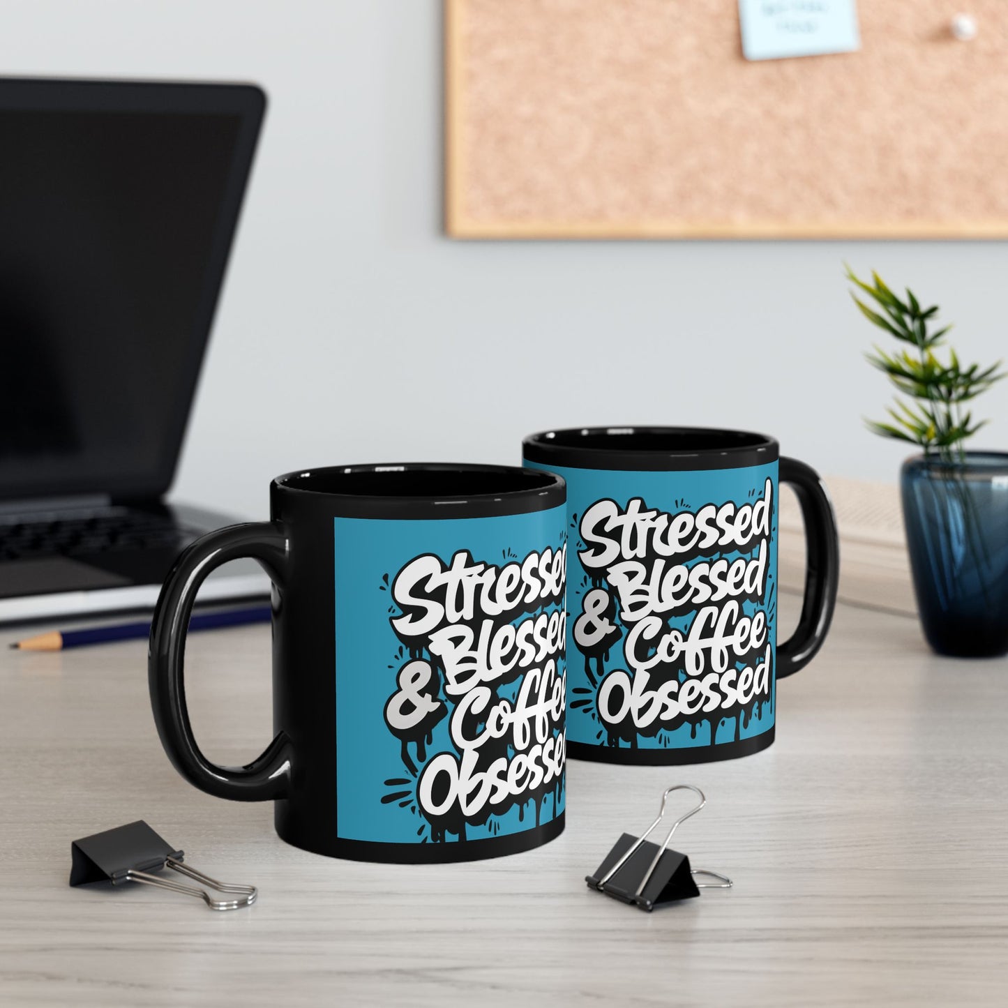Coffee Lover's 11oz & 15oz Sleek Black Ceramic Mug - Stressed, Blessed & Coffee Obsessed Print, Gift for Coffee Lovers, Gift For Her, Inspirational Mug, Home & Office, Fun Gift Idea