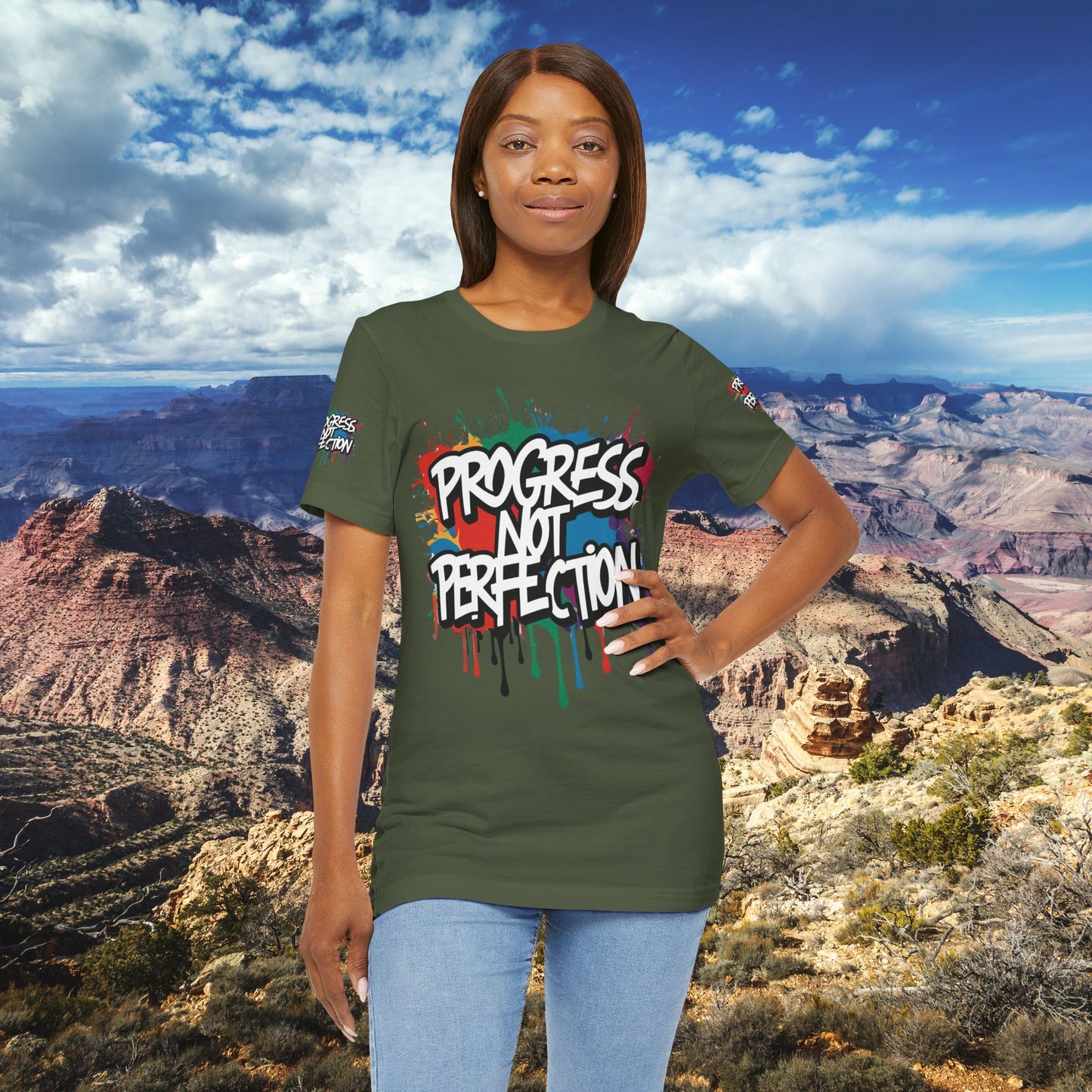 💥 Vibrant 💥 Eye-catching 💥 Motivational 💥 All Over Print 💥 Unisex T-shirt 💥 Progress Not Perfection 💥 Art-Inspired 💥 Apparel 💥 Sizes XS x 4XL 💥
