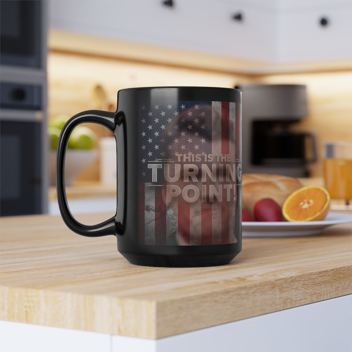 Patriotic Mug - This Is The Turning Point! - Charlie Kirk - American Flag Backdrop - Black Ceramic Mug - 11oz - 15oz -