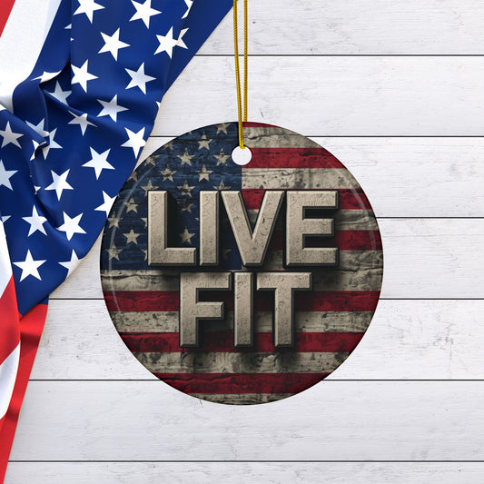 Stunning Patriotic Ceramic Ornaments - Live Fit - Vintage American Flag Backdrop - Decorative Holiday Decor (Various Packs 1-10) - Same Design Both Sides - Fitness
