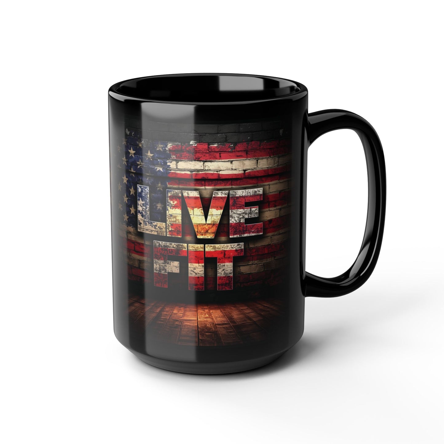 Patriotic Coffee Mug - LIVE FIT Black Ceramic Mug - USA Flag Backdrop Design - Gift for Fitness Enthusiasts - Independence Day - Home Office Decor - 11oz - 15oz -