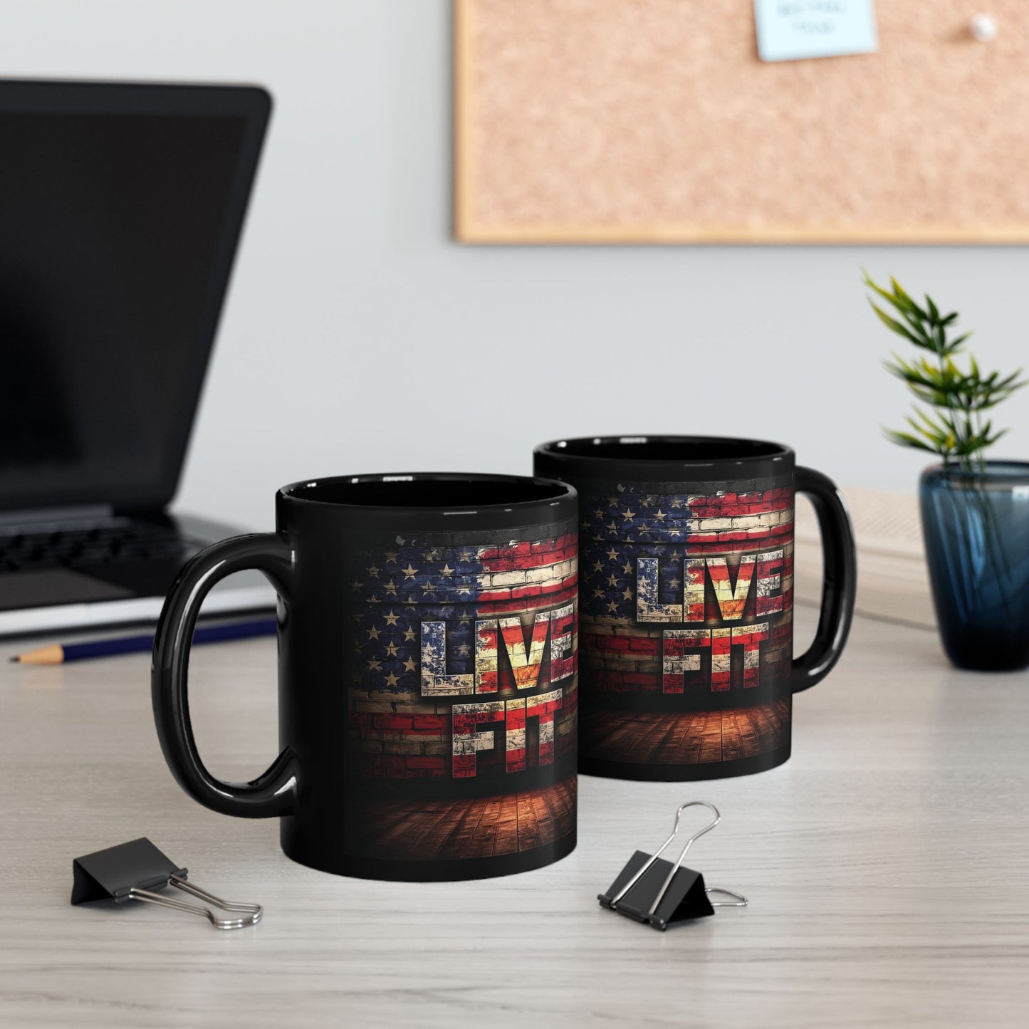 Patriotic Coffee Mug - LIVE FIT Black Ceramic Mug - USA Flag Backdrop Design - Gift for Fitness Enthusiasts - Independence Day - Home Office Decor - 11oz - 15oz -