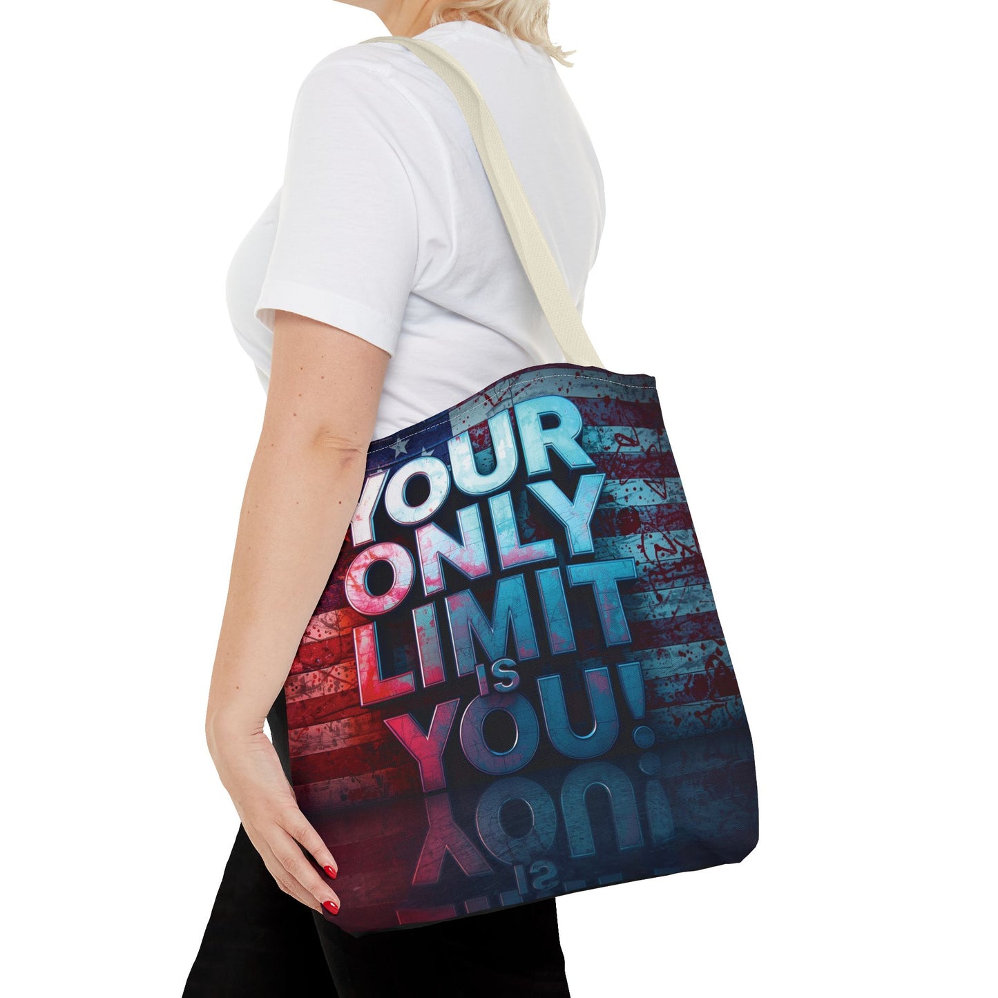 Motivational Tote Bag, Your Only Limit is You!, Inspirational Gift, USA Flag Design, Eco-Friendly Everyday Tote