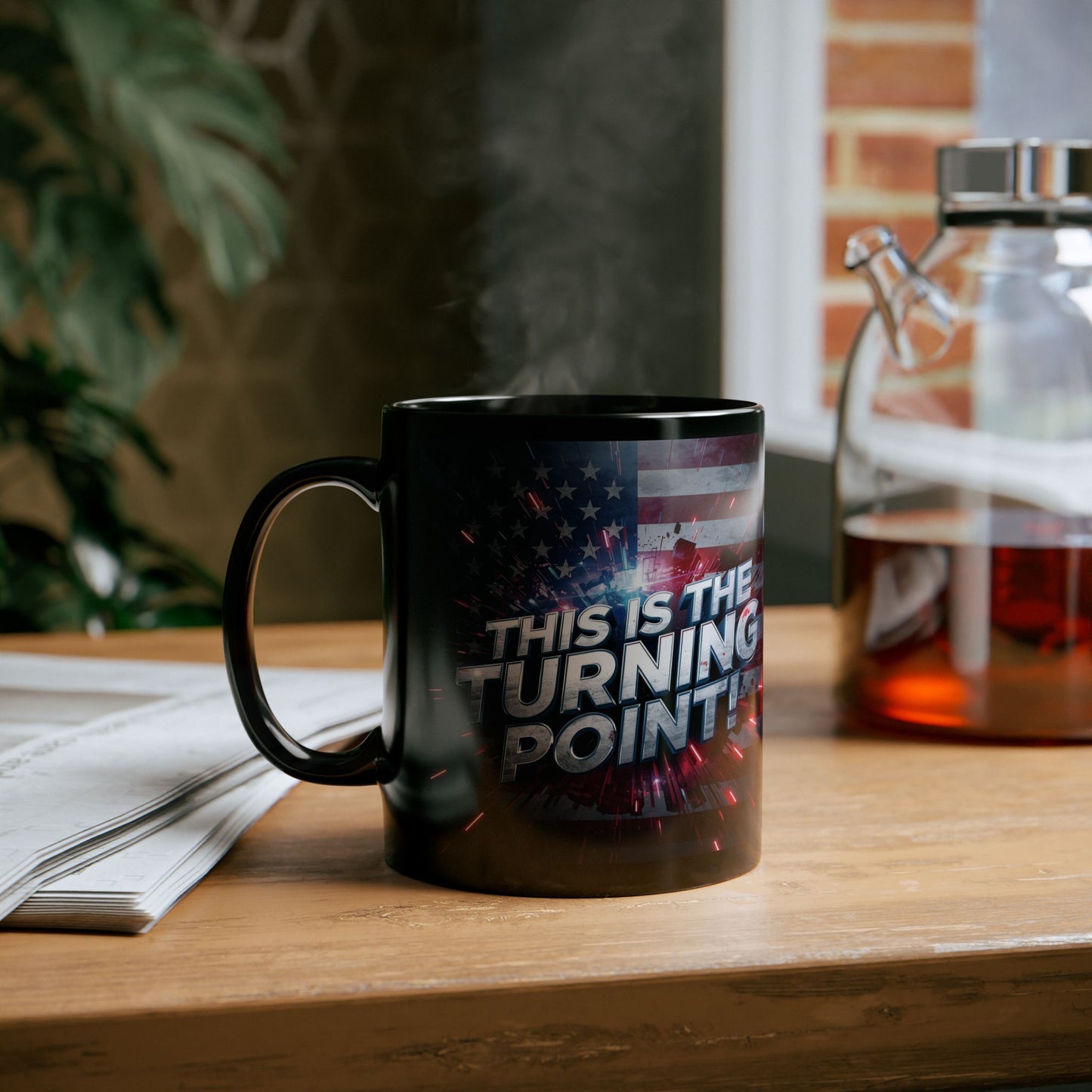 Motivational - This Is The Turning Point! - Red White Blue - American Flag Backdrop Design - Sleek Black Ceramic Coffee Mug - 11oz - 15oz Sizes -