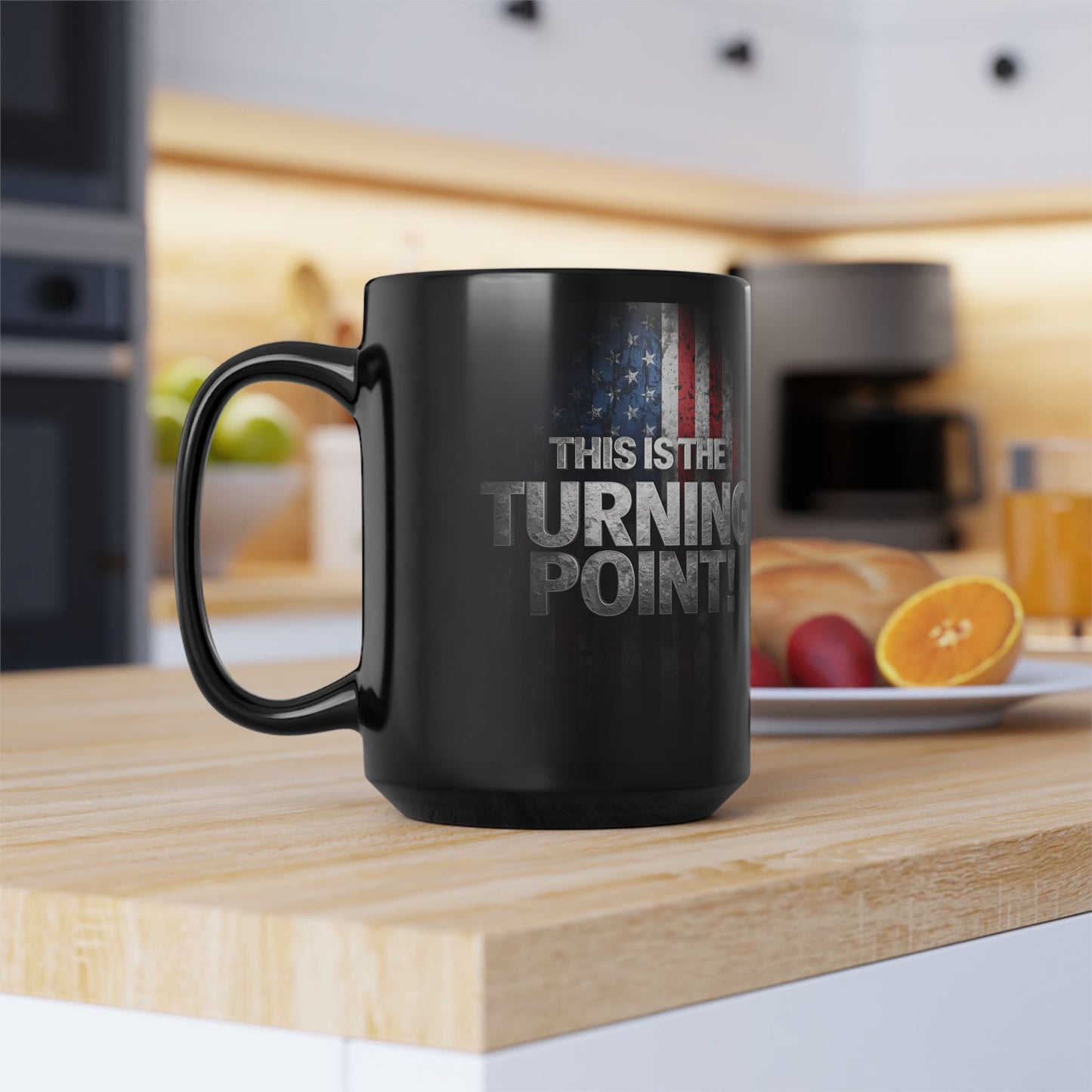 Charlie Kirk - This Is The Turning Point! - American Flag Backdrop - Sleek Black Ceramic Mug - 11oz - 15oz