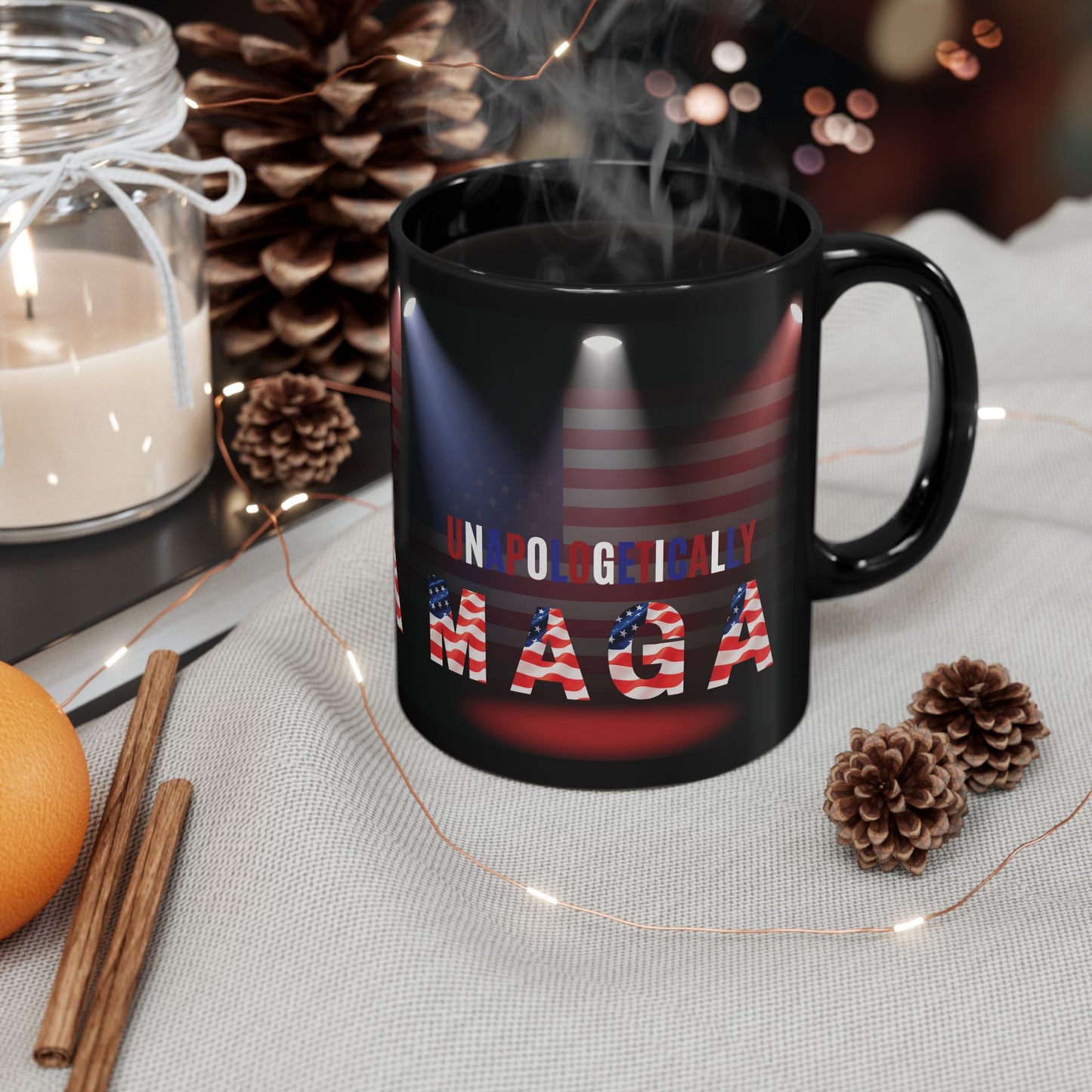 Unapologetically MAGA - Red White Blue - American Flag Spotlight Design - USA Pride - Sleek Black Ceramic Mug - 11oz - 15oz