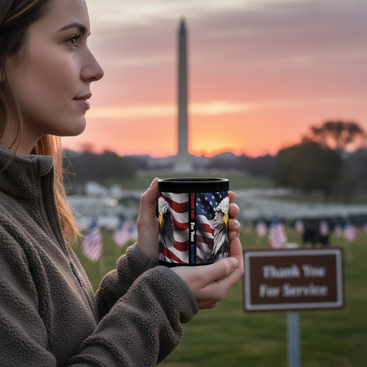 Thank You For Your Service Black Mug - Patriotic American Flag Bald Eagle - 11oz