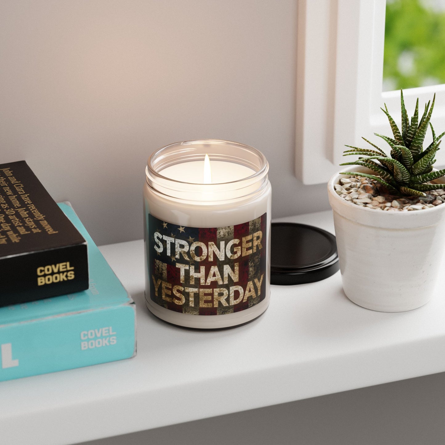 Scented Soy 9oz Candles - Stronger Than Yesterday Print - Vintage American Flag Background