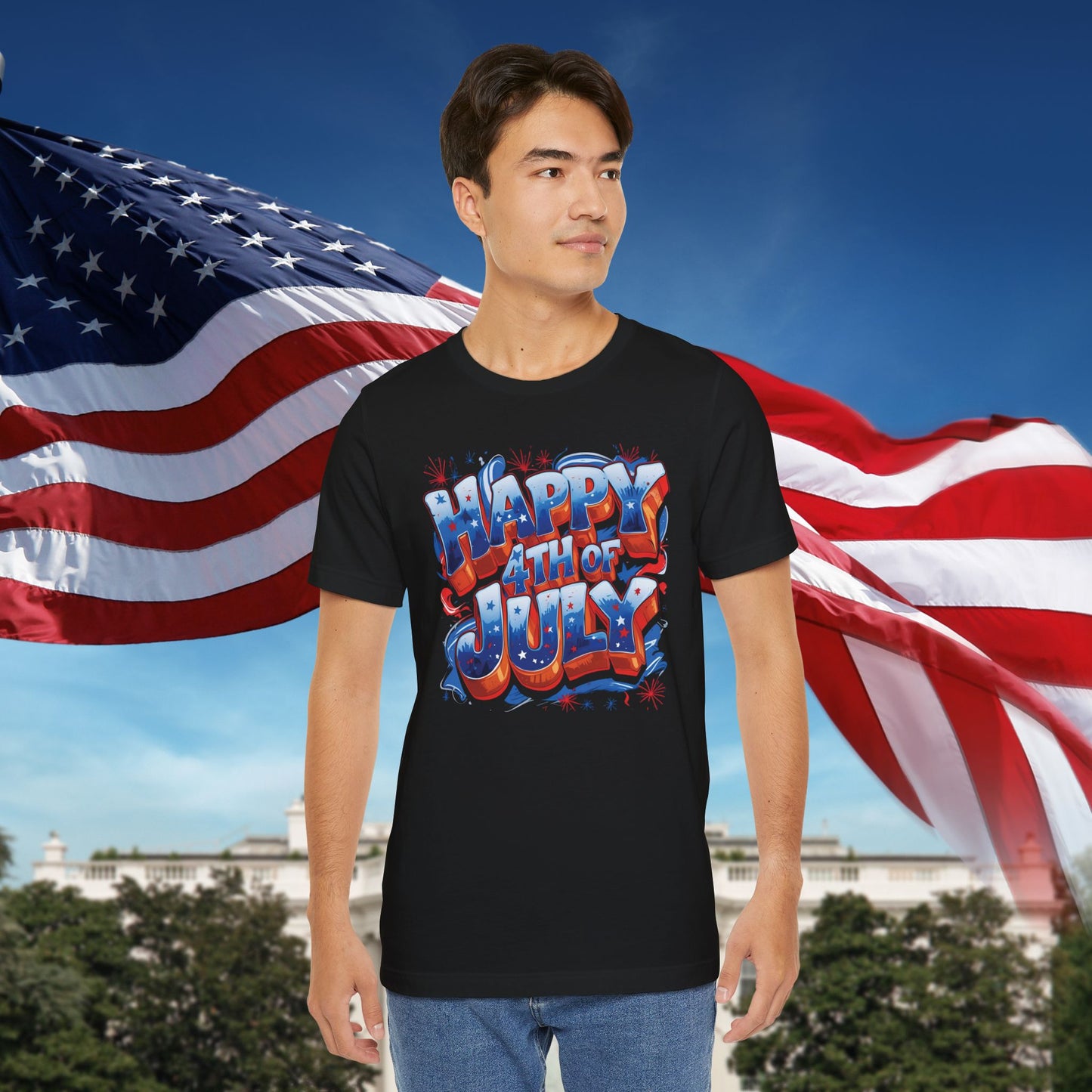 Happy 4th Of July, Print Design T-Shirt, Independence Day, American Flag, Bald Eagle, Red White Blue
