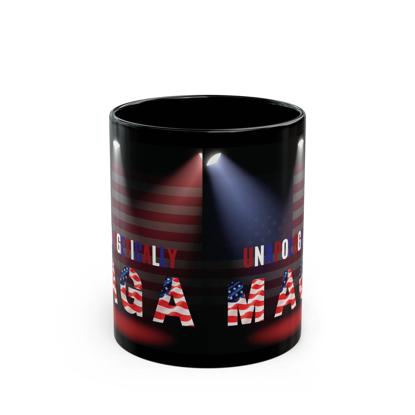 Unapologetically MAGA - Red White Blue - American Flag Spotlight Design - USA Pride - Sleek Black Ceramic Mug - 11oz - 15oz