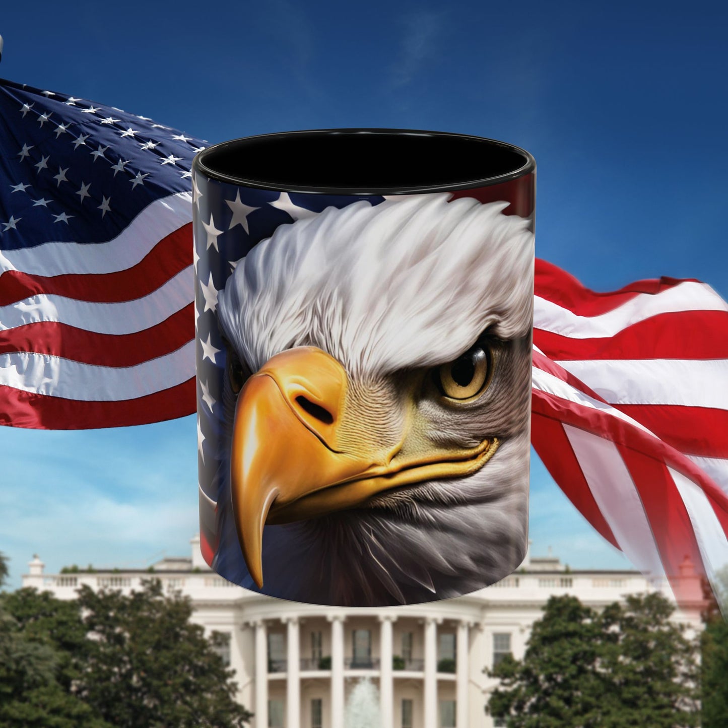 Patriotic Bald Eagle Coffee Mug – American Flag Accent Cup for Proud Americans & Veterans (11oz & 15oz, Multiple Colors)