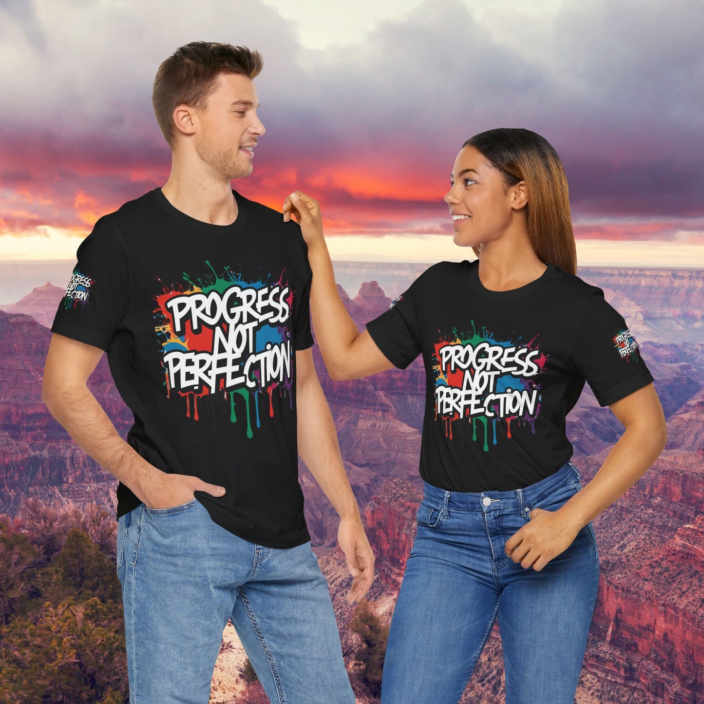 💥 Vibrant 💥 Eye-catching 💥 Motivational 💥 All Over Print 💥 Unisex T-shirt 💥 Progress Not Perfection 💥 Art-Inspired 💥 Apparel 💥 Sizes XS x 4XL 💥