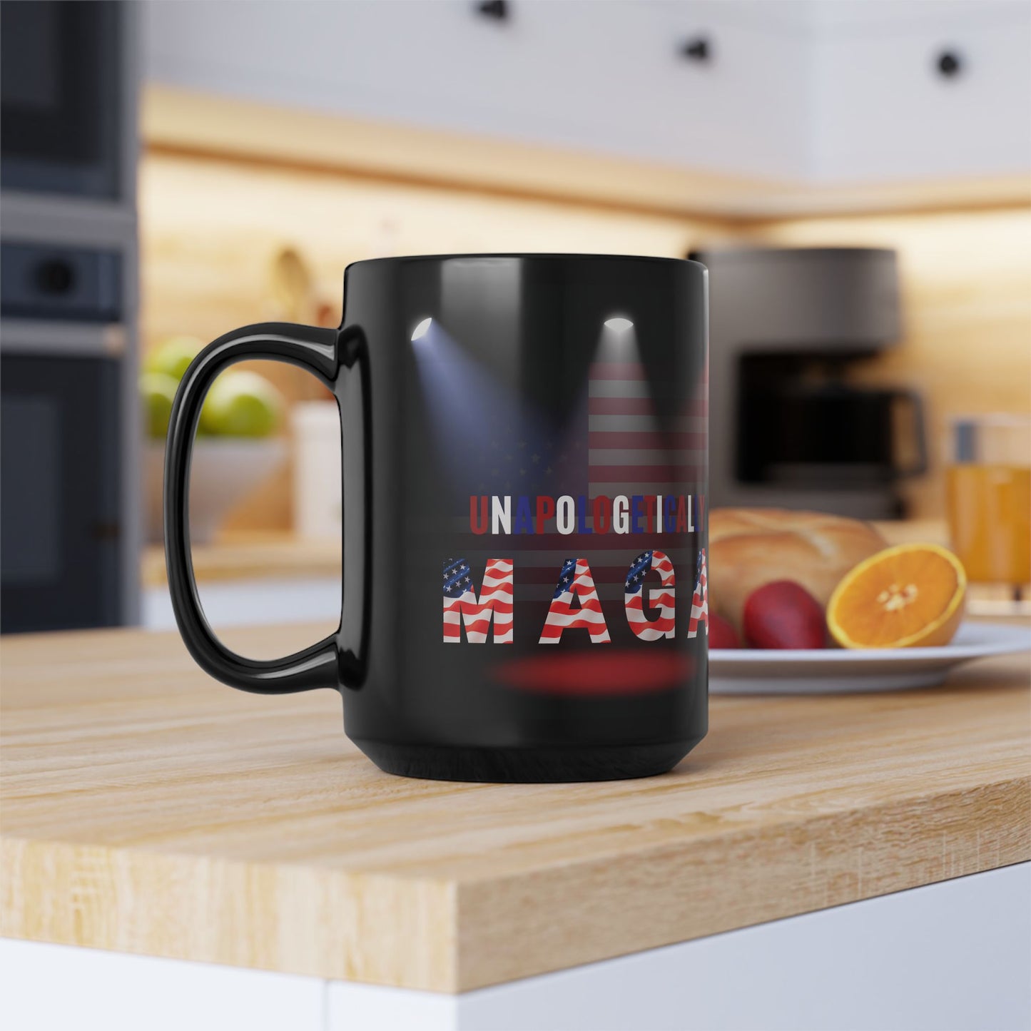 Unapologetically MAGA - Red White Blue - American Flag Spotlight Design - USA Pride - Sleek Black Ceramic Mug - 11oz - 15oz