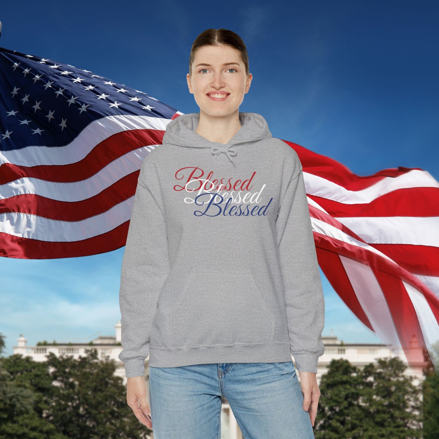 Blessed Hoodie – Patriotic Red, White & Blue Unisex Pullover Sweatshirt with Front & Back Print – Cozy, Positive Vibes Gift