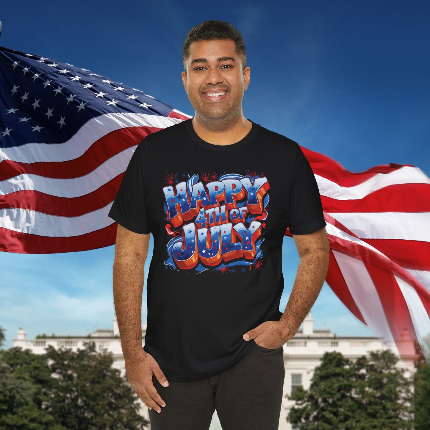 Happy 4th Of July, Print Design T-Shirt, Independence Day, American Flag, Bald Eagle, Red White Blue