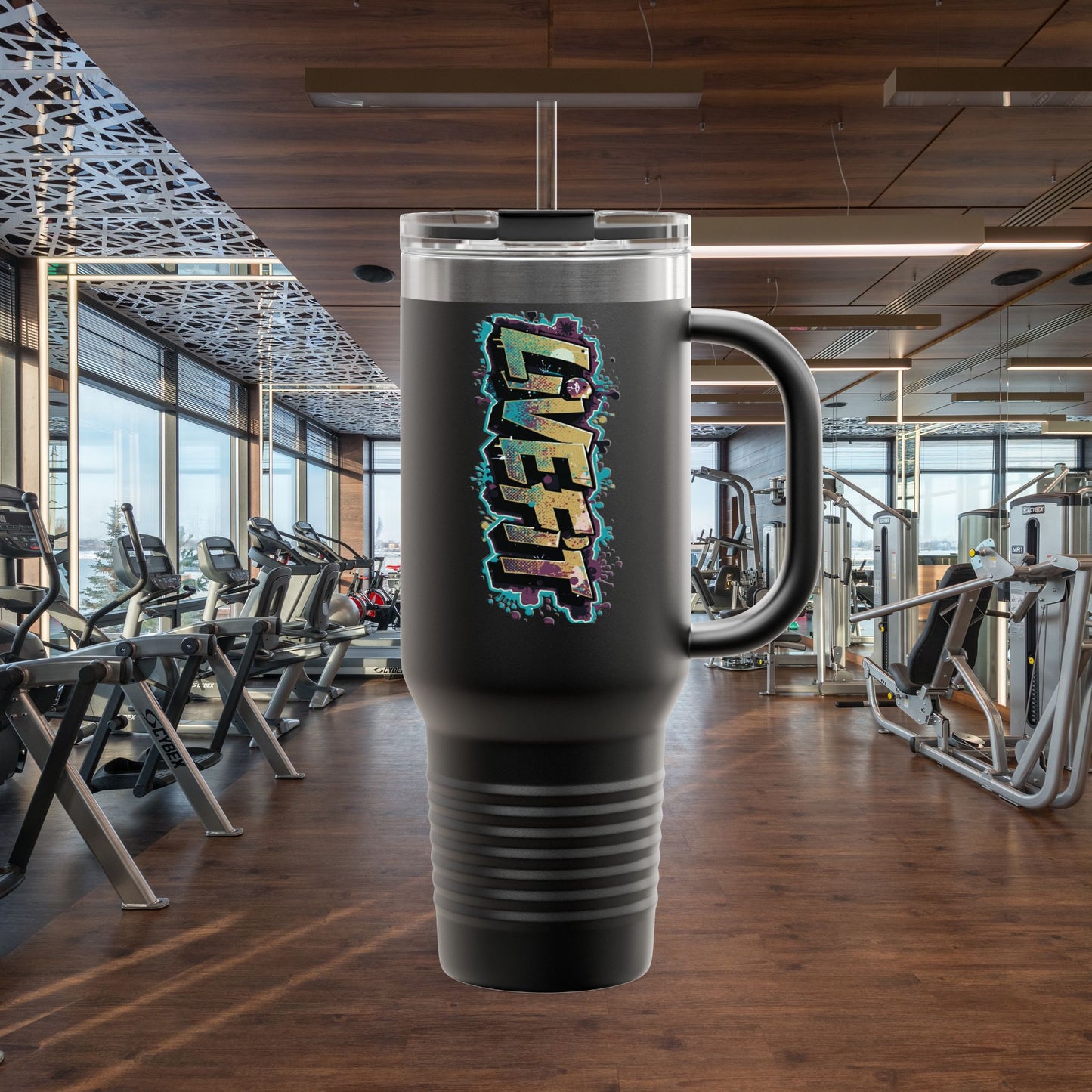 Insulated Travel Mug, Live Fit, 40oz Fitness Water Bottle, Gym Coffee Cup, Durable Travel Tumbler, Motivational Drinkware
