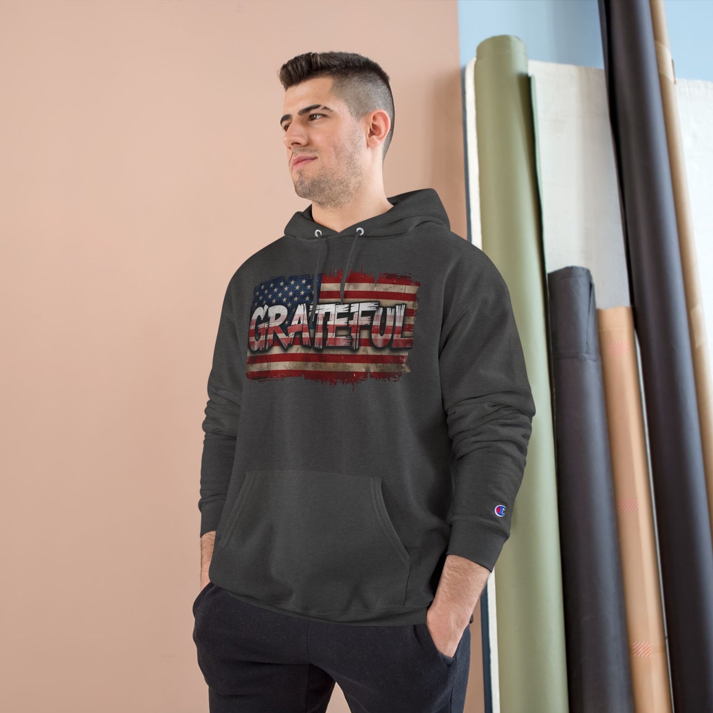 Champion Hoodie - Grateful American Flag - Red White Blue Backdrop