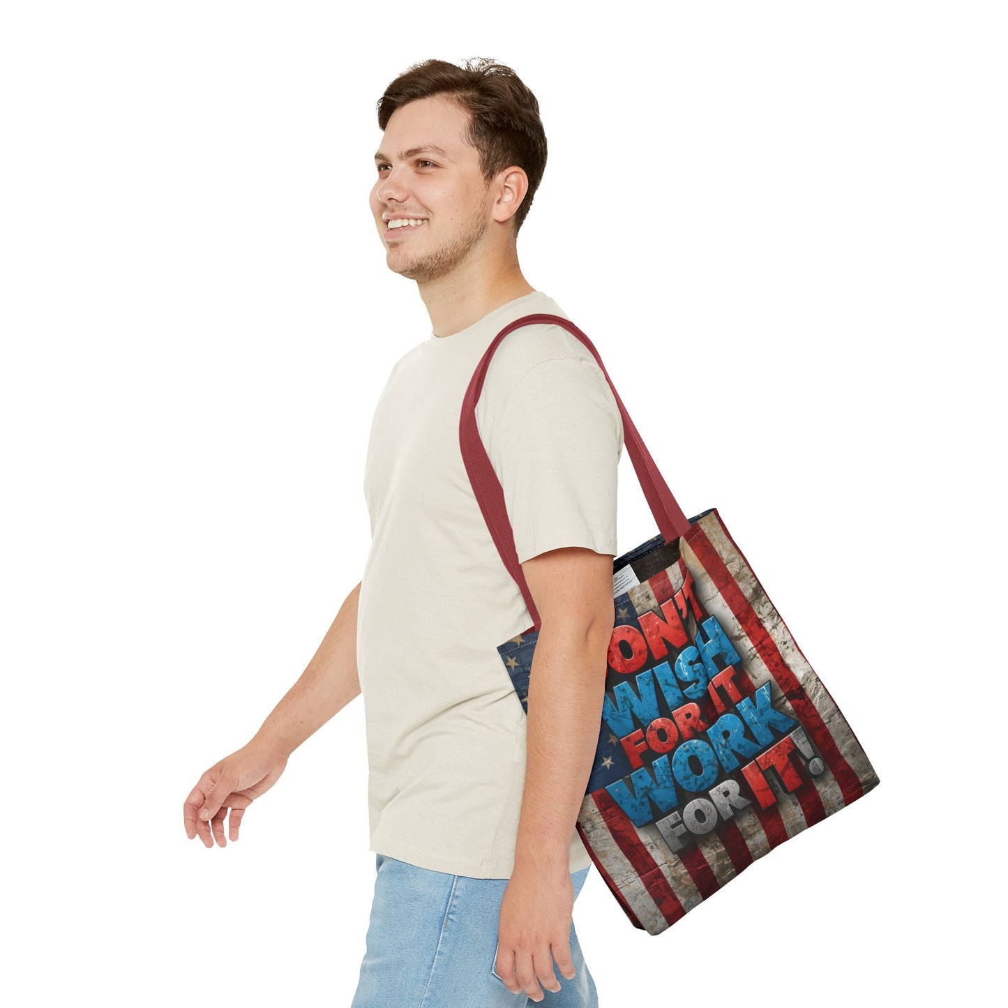 Motivational Tote Bag | American Flag Design | Don't Wish For It, Work For It | Gym, Grocery, Travel, Gifts, Everyday Carry